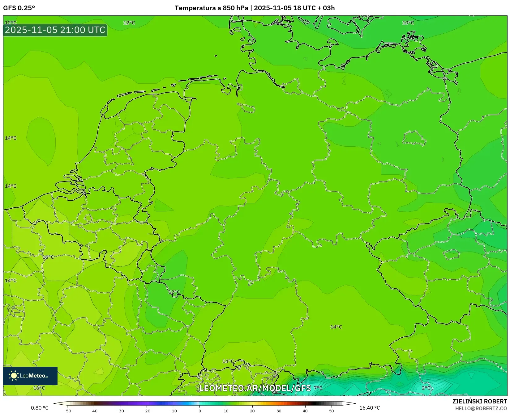 GFS model - Alemania, Temperatura a 850 hPa