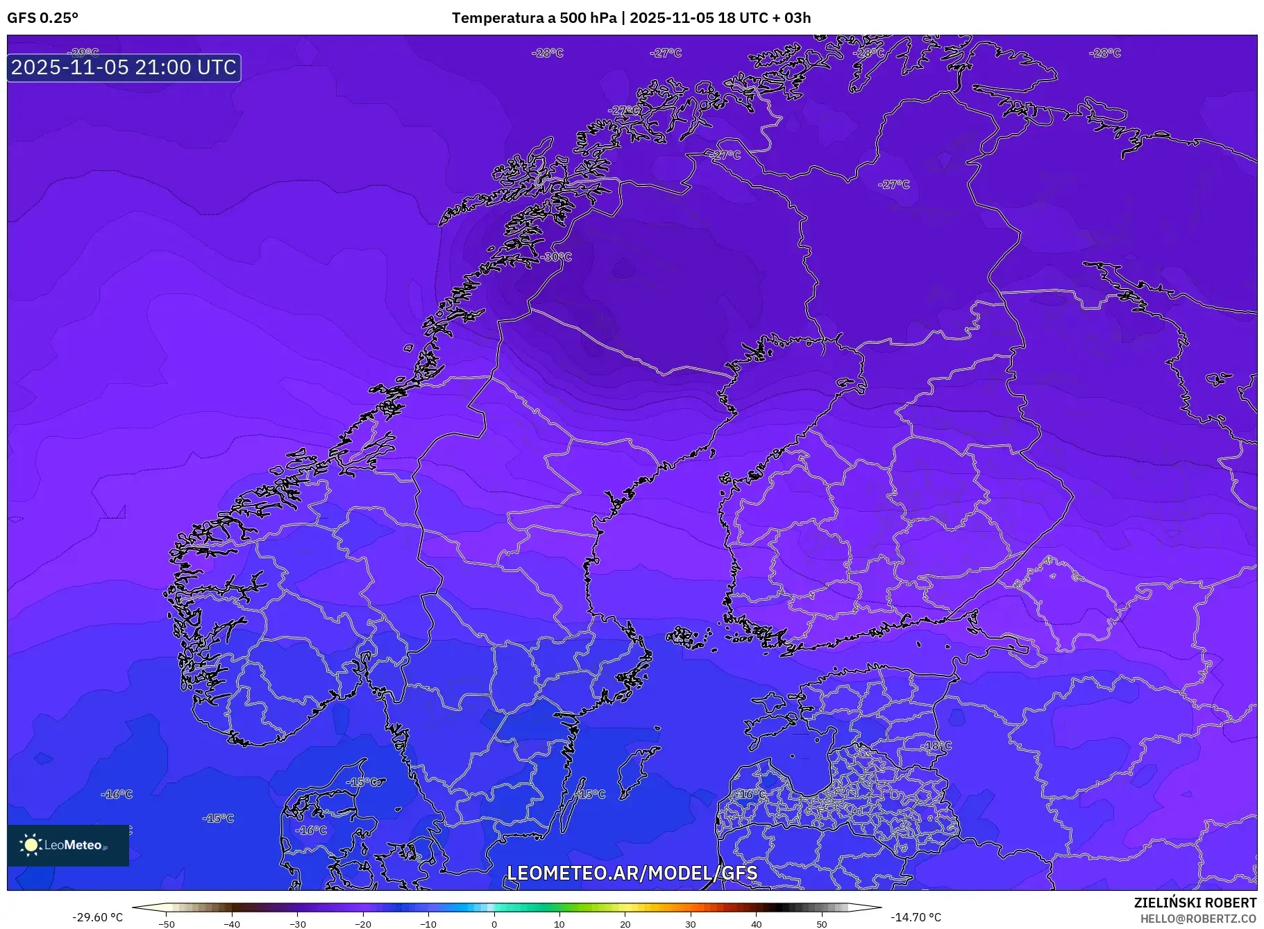 GFS model - Escandinavia, Temperatura a 500 hPa