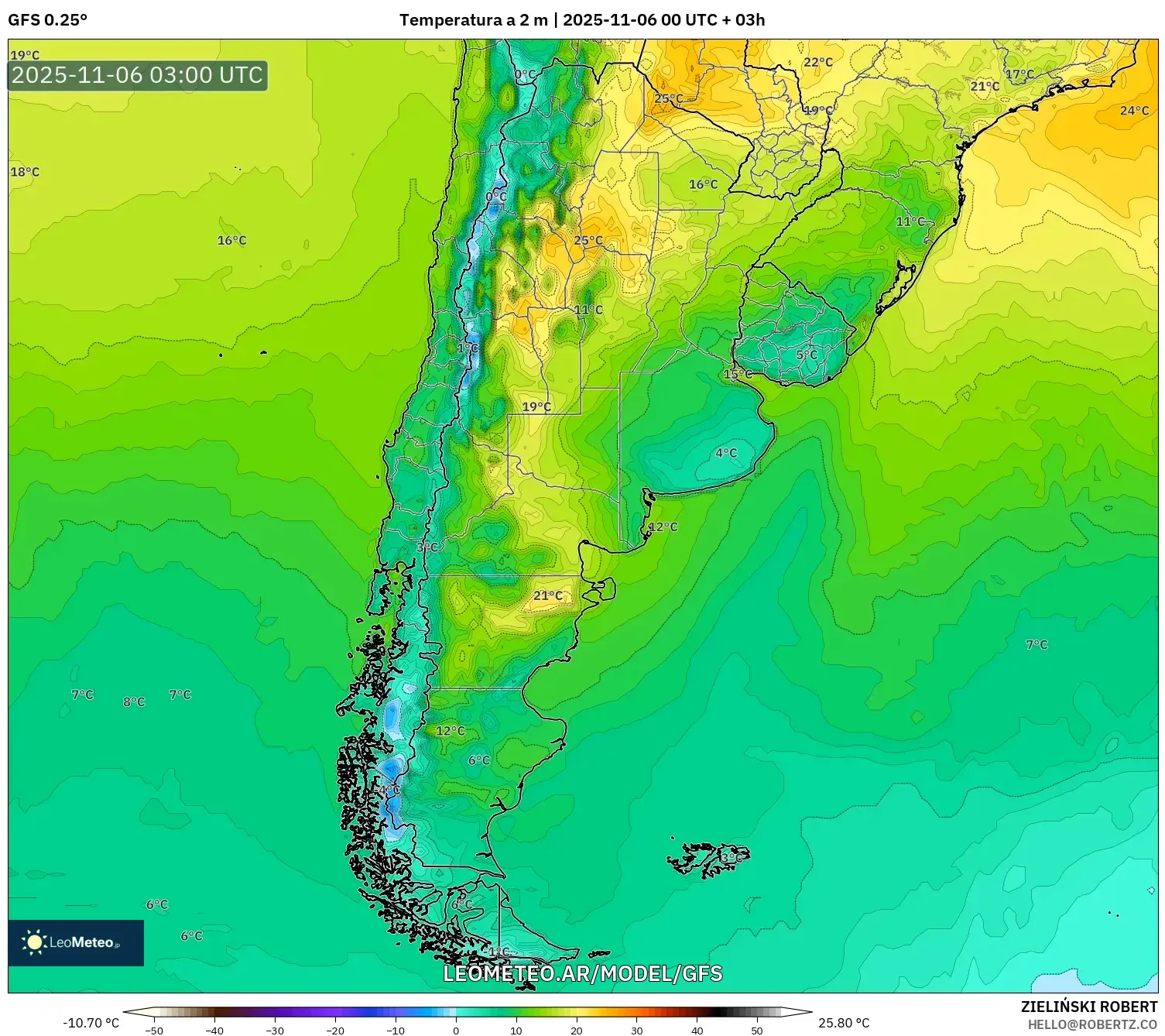 GFS model - Argentina, Temperatura a 2 m