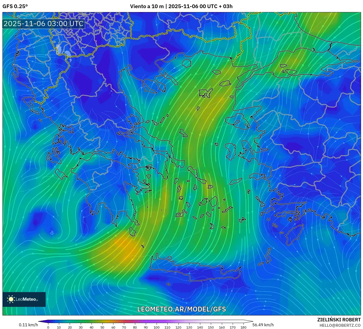 GFS model - Grecia, Viento a 10 m