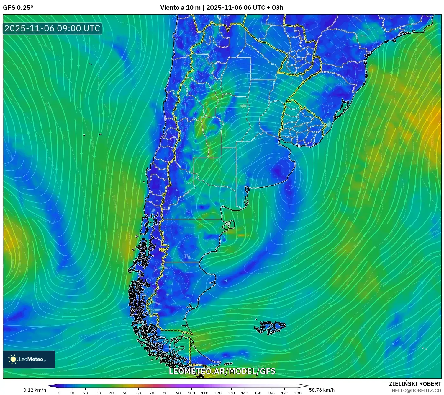 GFS model - Argentina, Viento a 10 m