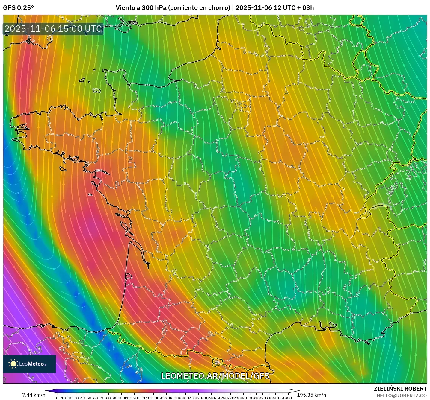 GFS model - Francia, Viento a 300 hPa (corriente en chorro)