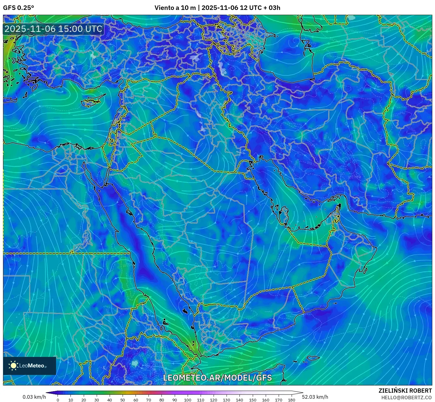 GFS model - Oriente Medio, Viento a 10 m
