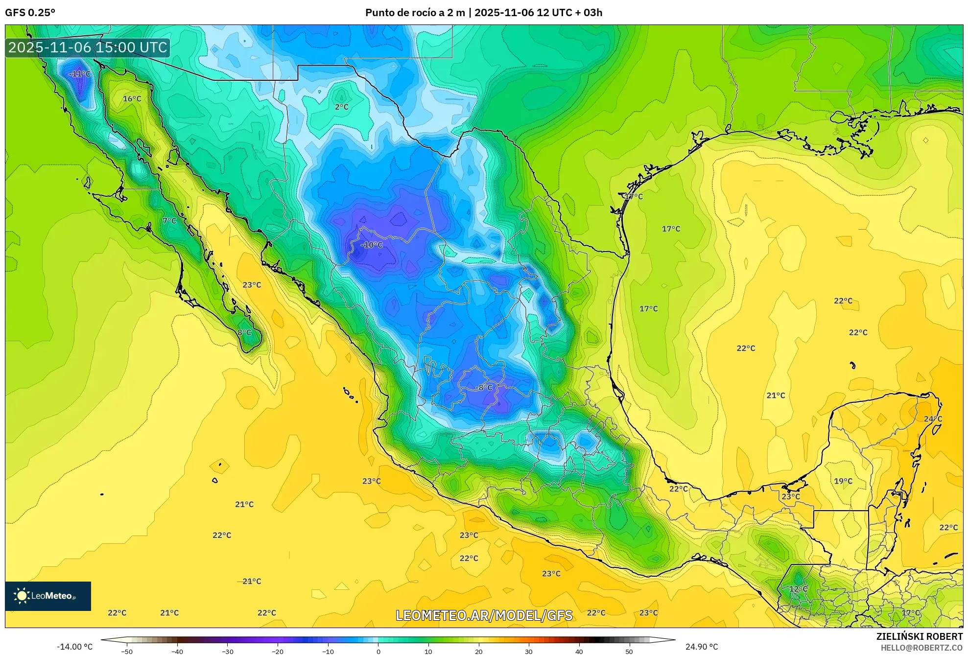 GFS model - México, Punto de rocío a 2 m