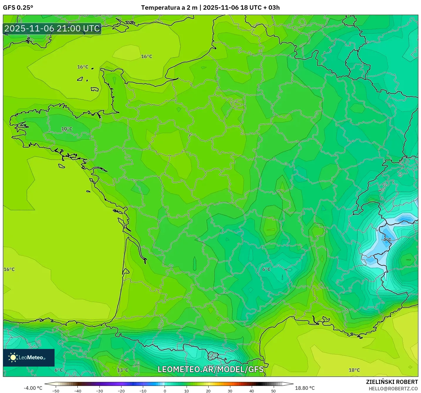 GFS model - Francia, Temperatura a 2 m
