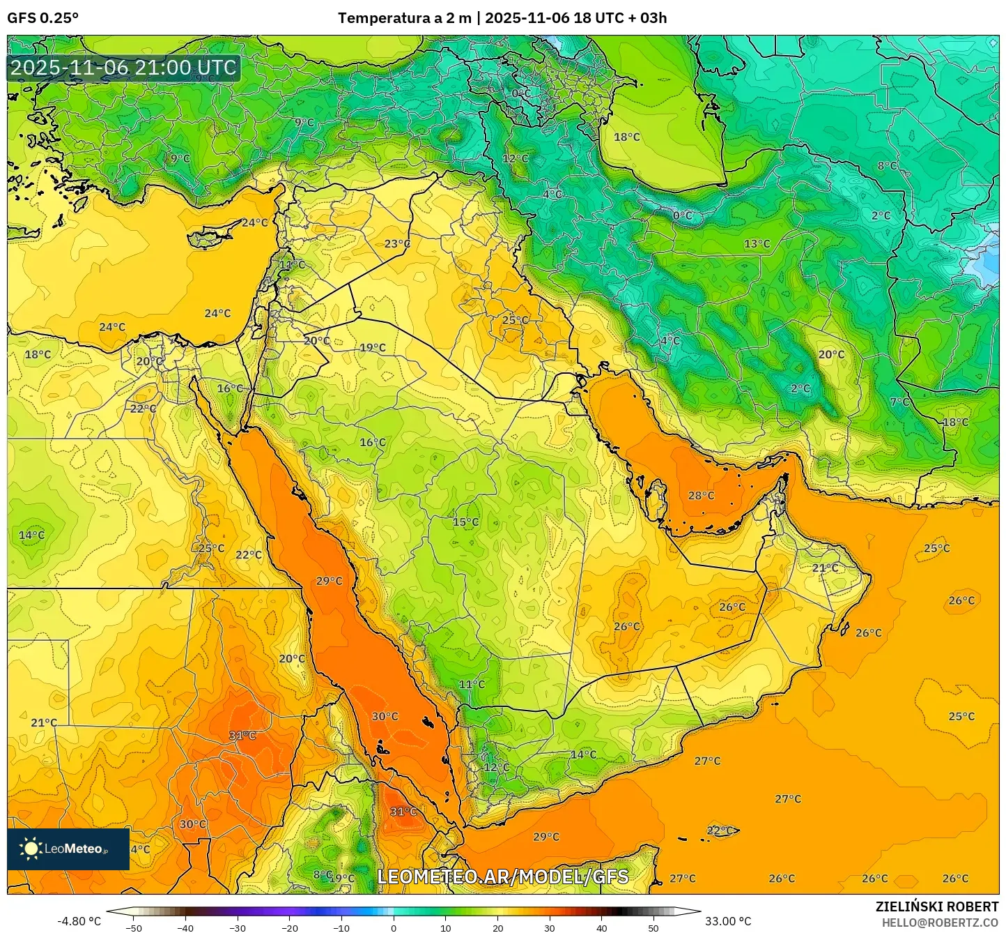 GFS model - Oriente Medio, Temperatura a 2 m