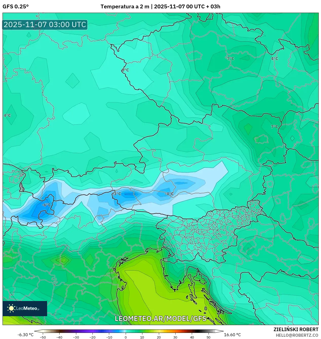 GFS model - Austria, Temperatura a 2 m