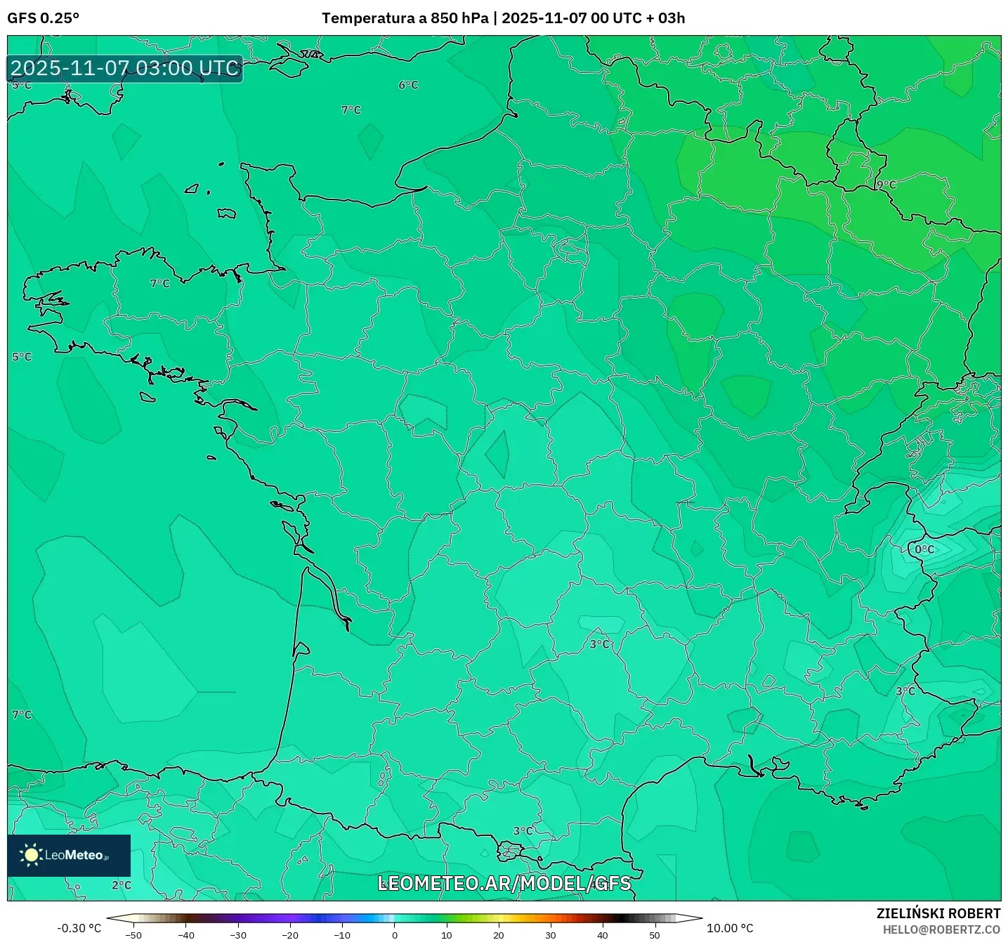 GFS model - Francia, Temperatura a 850 hPa