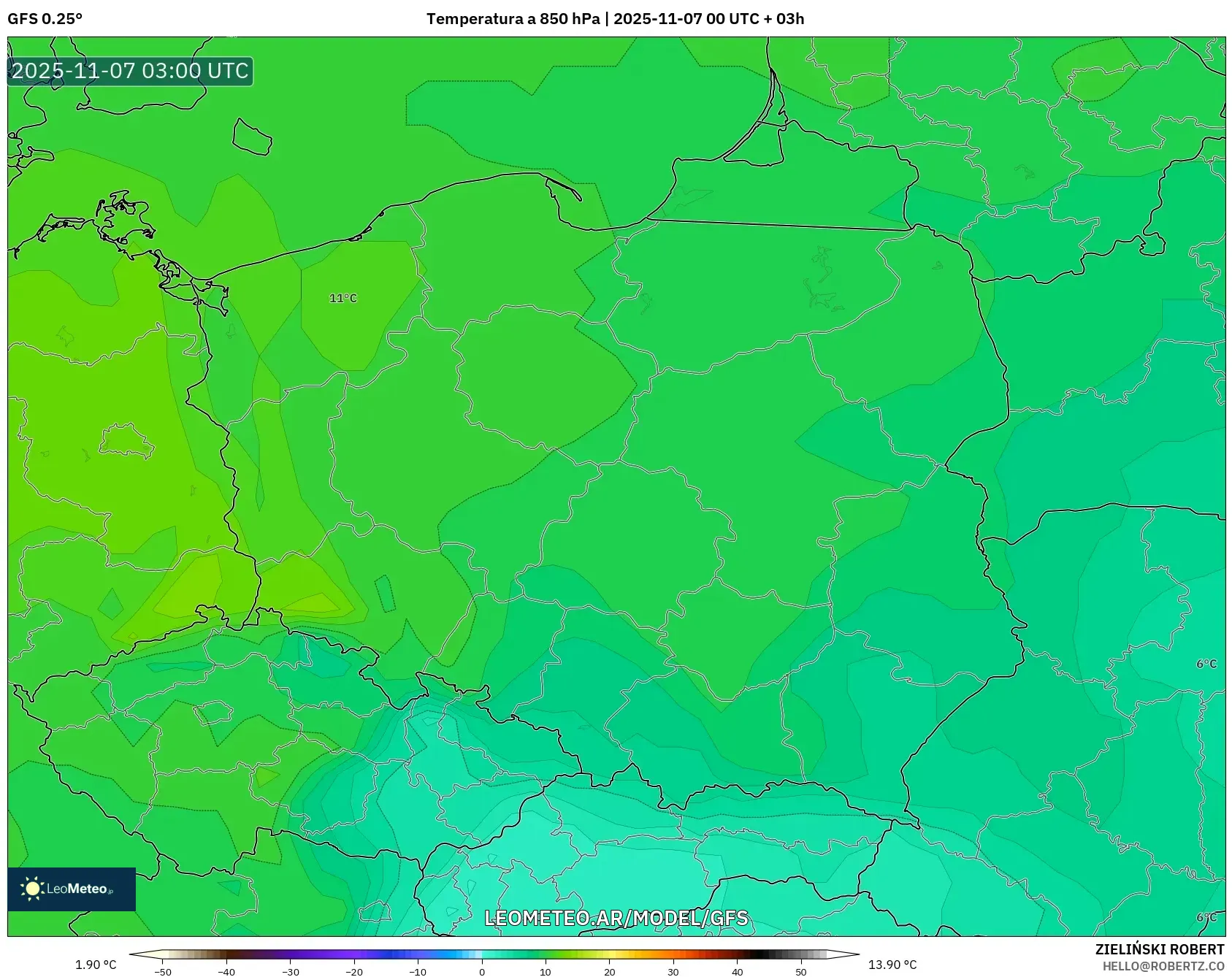 GFS model - Polonia, Temperatura a 850 hPa