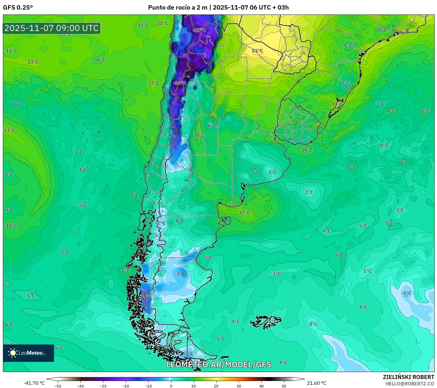 GFS model - Argentina, Punto de rocío a 2 m