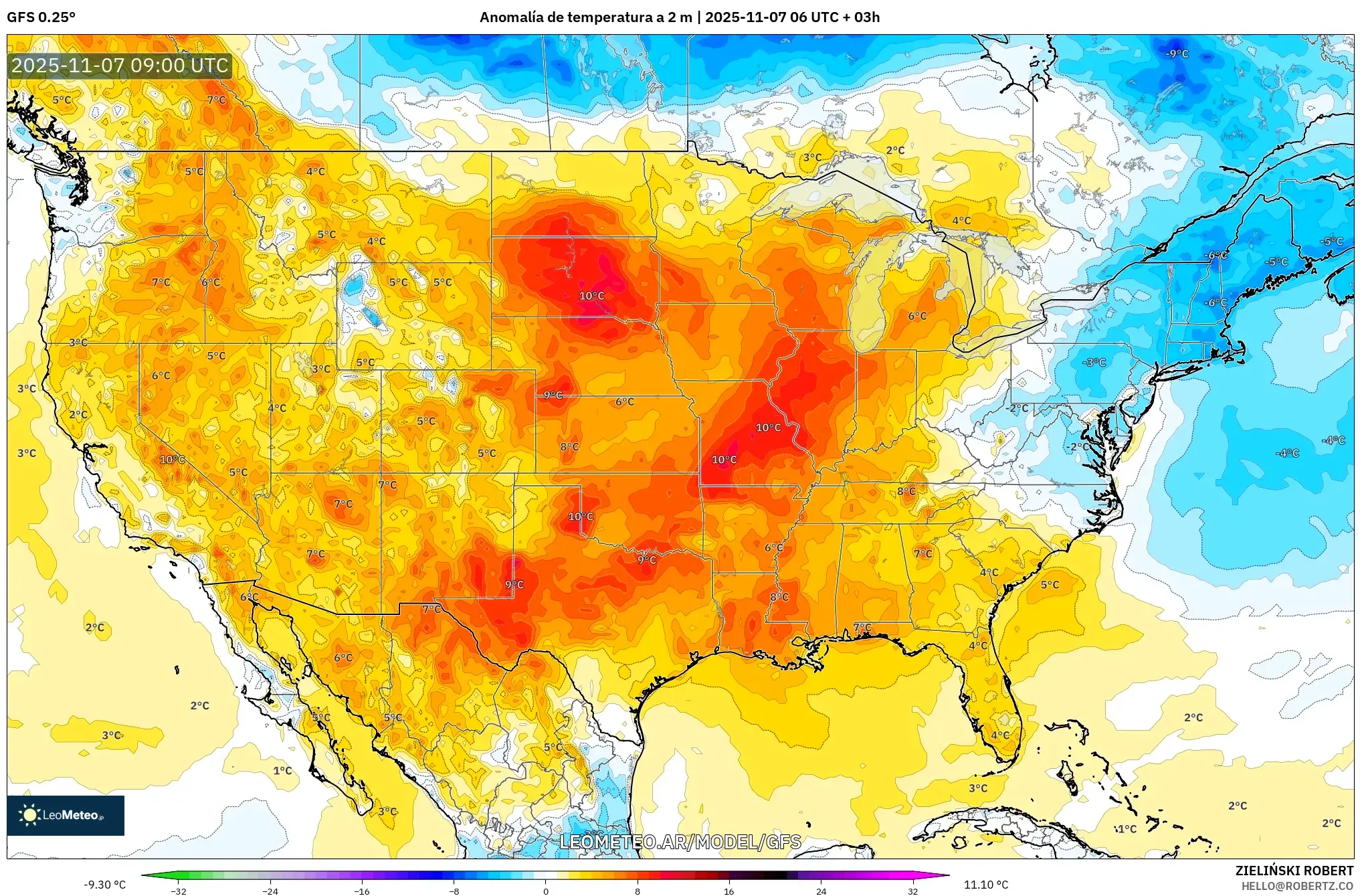 GFS model - Estados Unidos, Anomalía de temperatura a 2 m