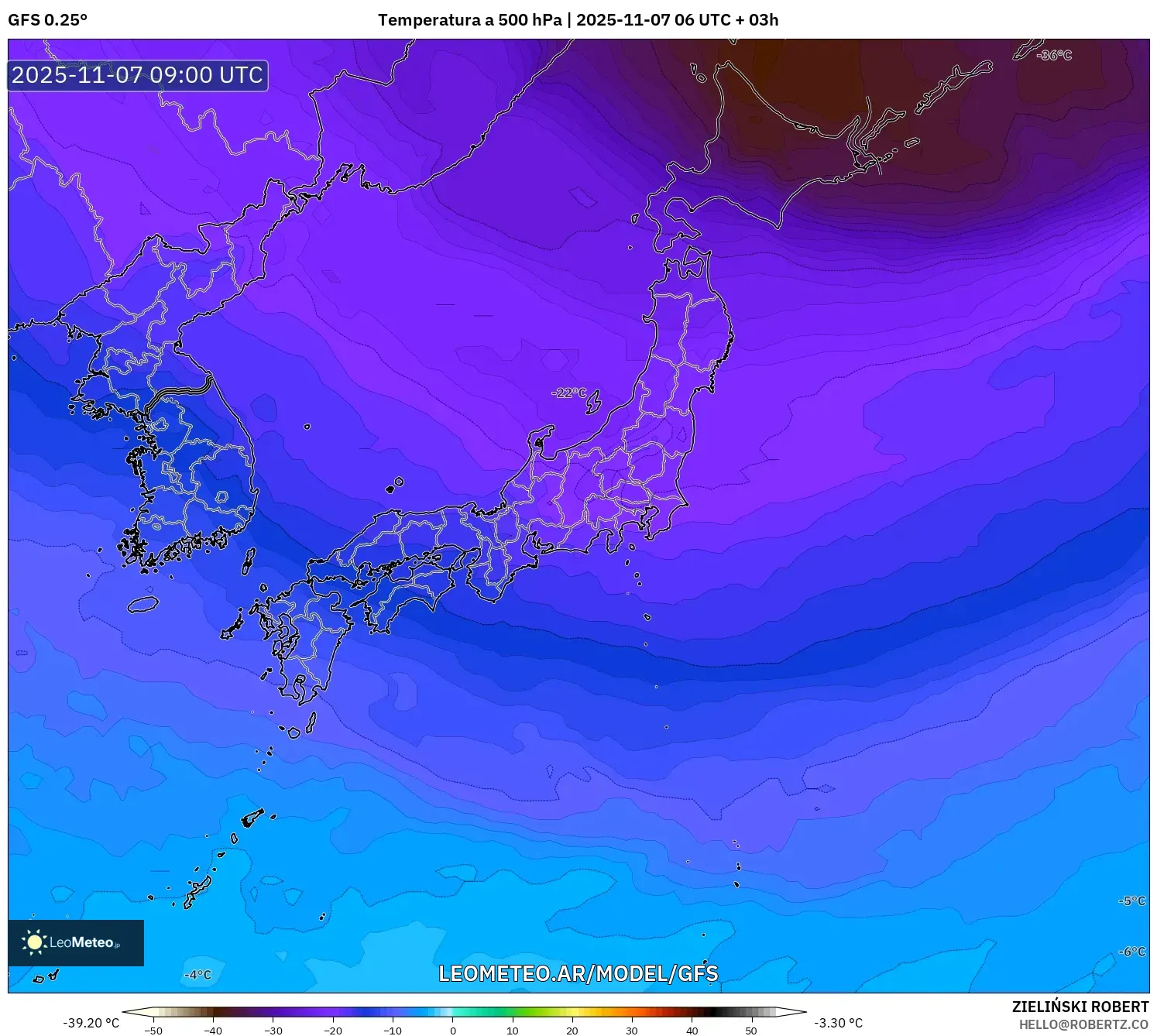 GFS model - Japón, Temperatura a 500 hPa