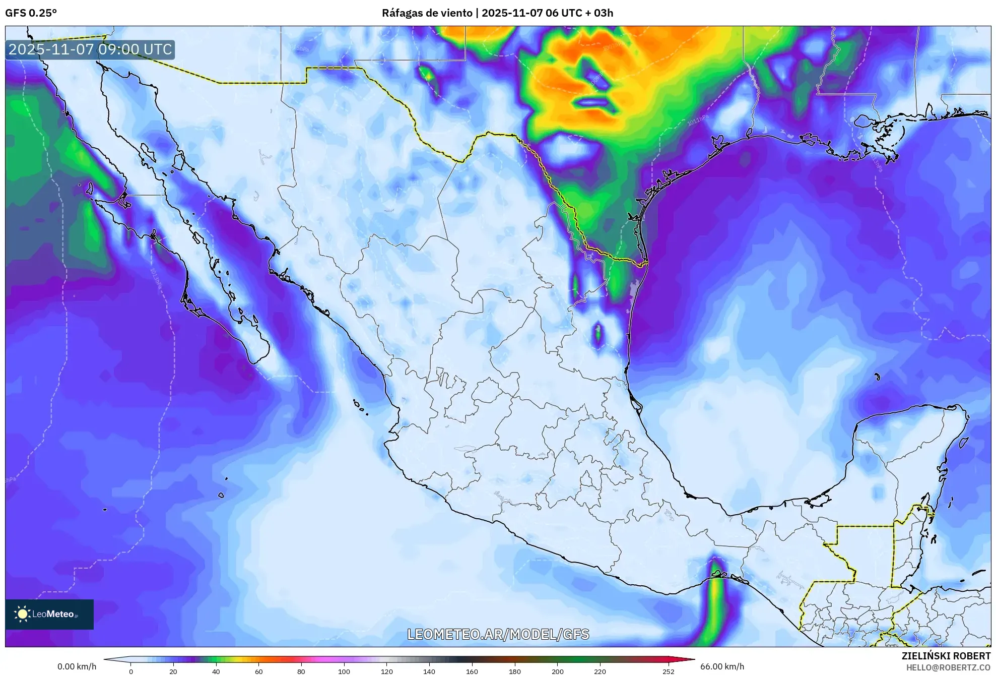 GFS model - México, Ráfagas de viento