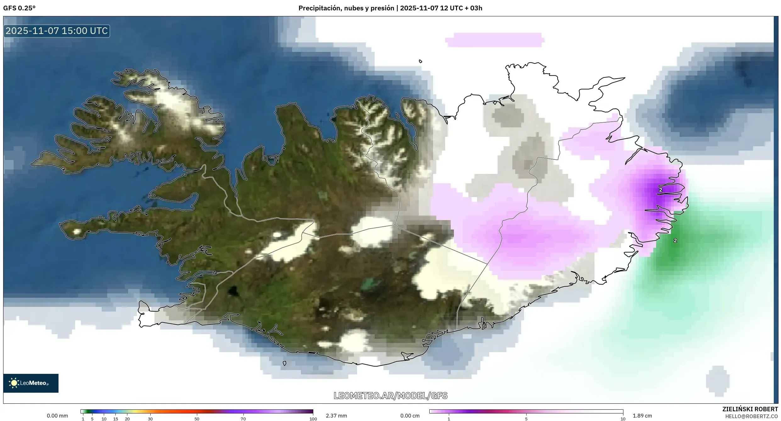 GFS model - Islandia, Precipitación, nubes y presión