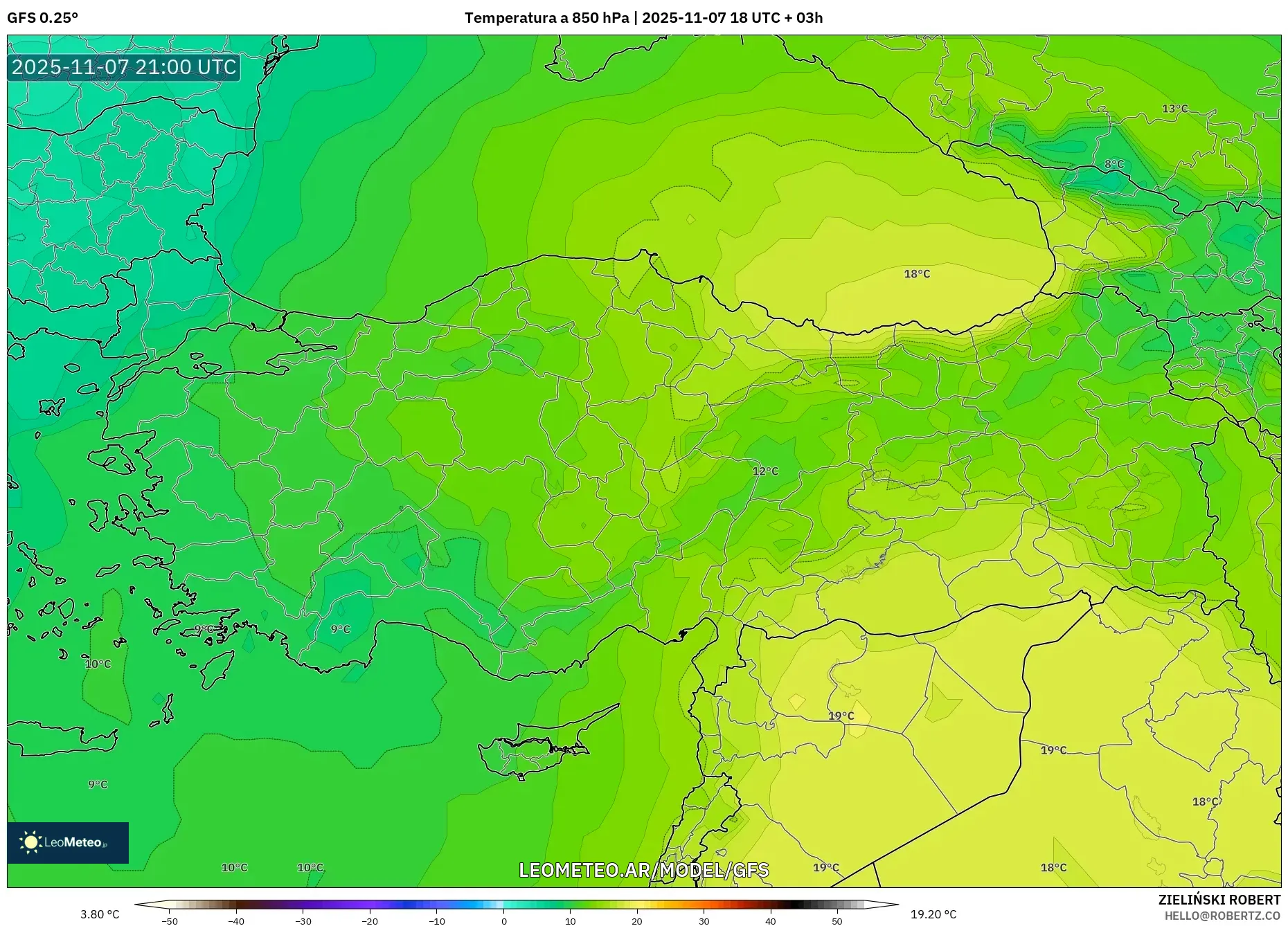 GFS model - Turquía, Temperatura a 850 hPa