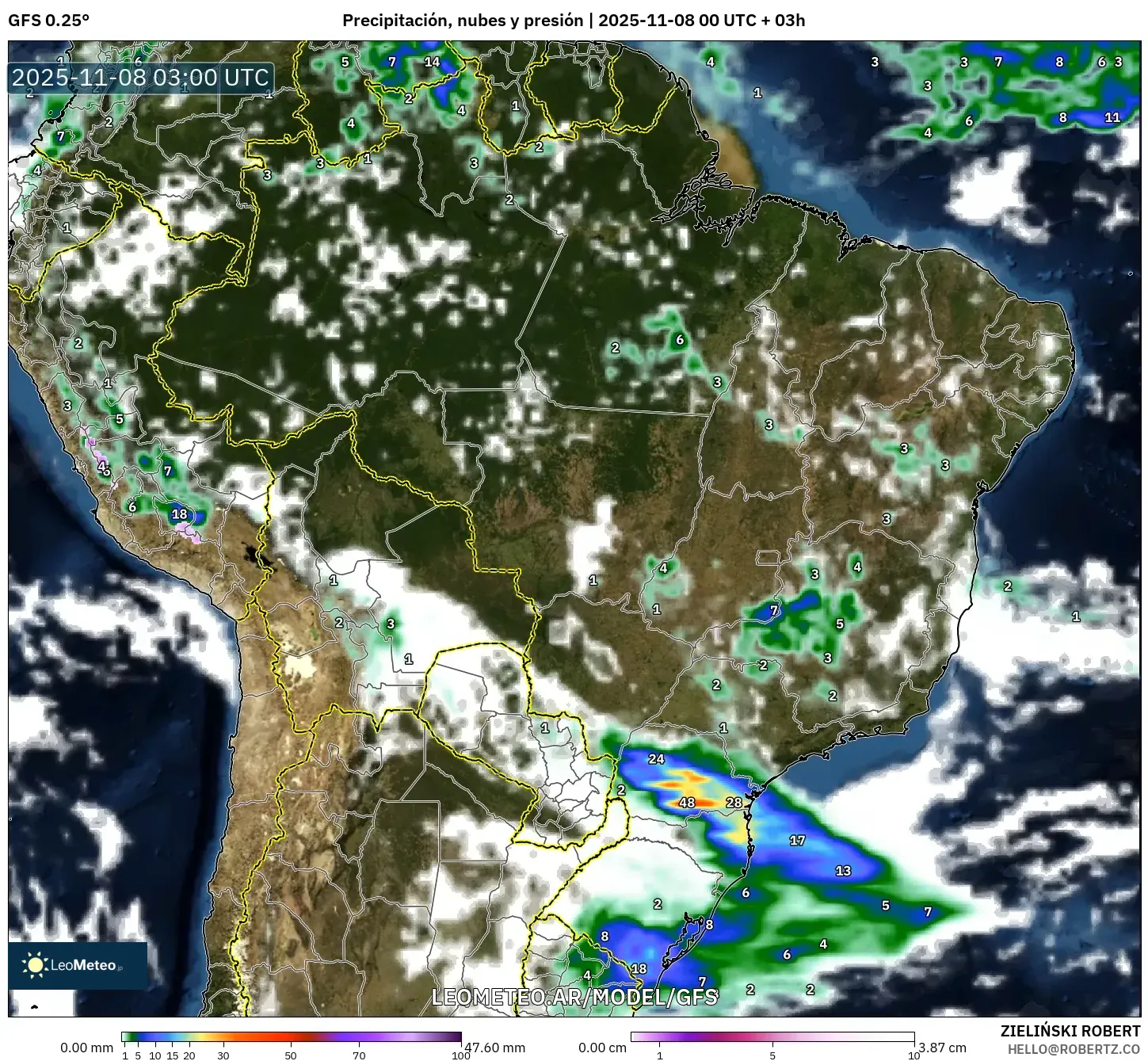 GFS model - Brasil, Precipitación, nubes y presión