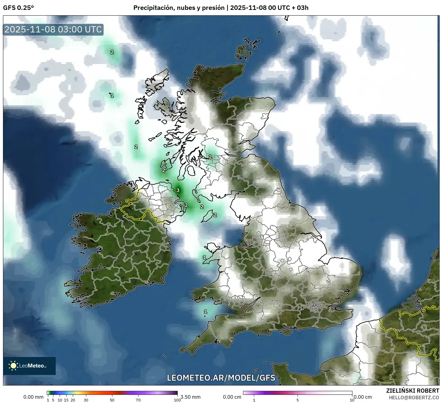 GFS model - Reino Unido, Precipitación, nubes y presión