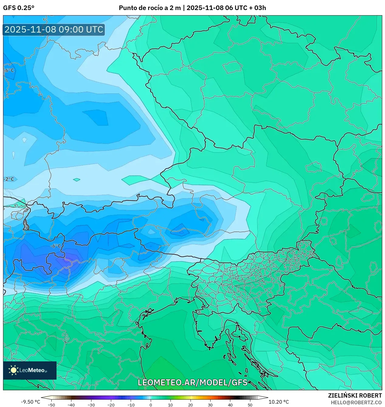 GFS model - Austria, Punto de rocío a 2 m