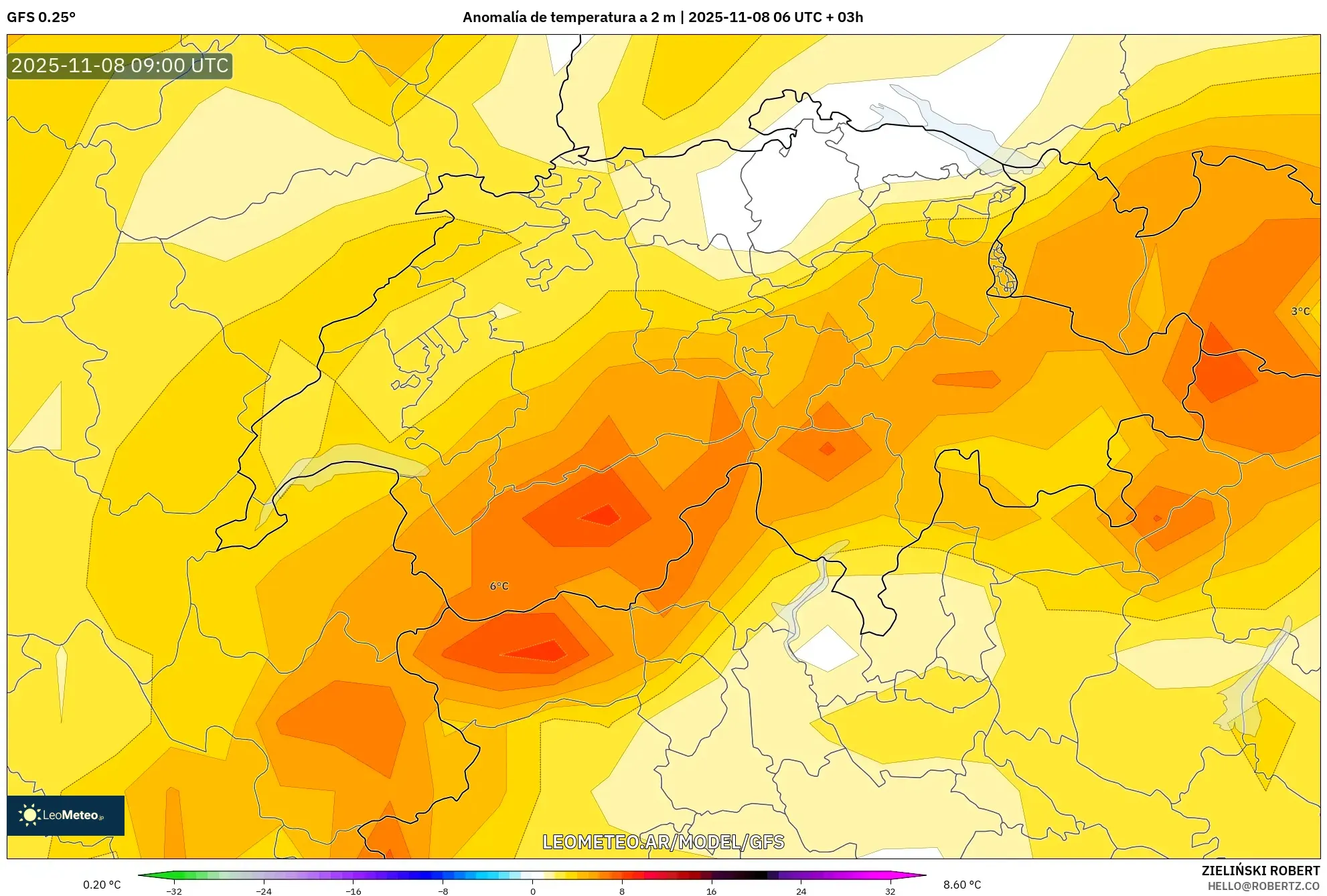 GFS model - Suiza, Anomalía de temperatura a 2 m