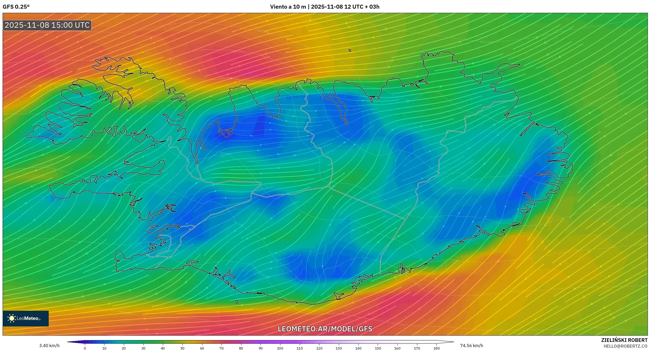 GFS model - Islandia, Viento a 10 m