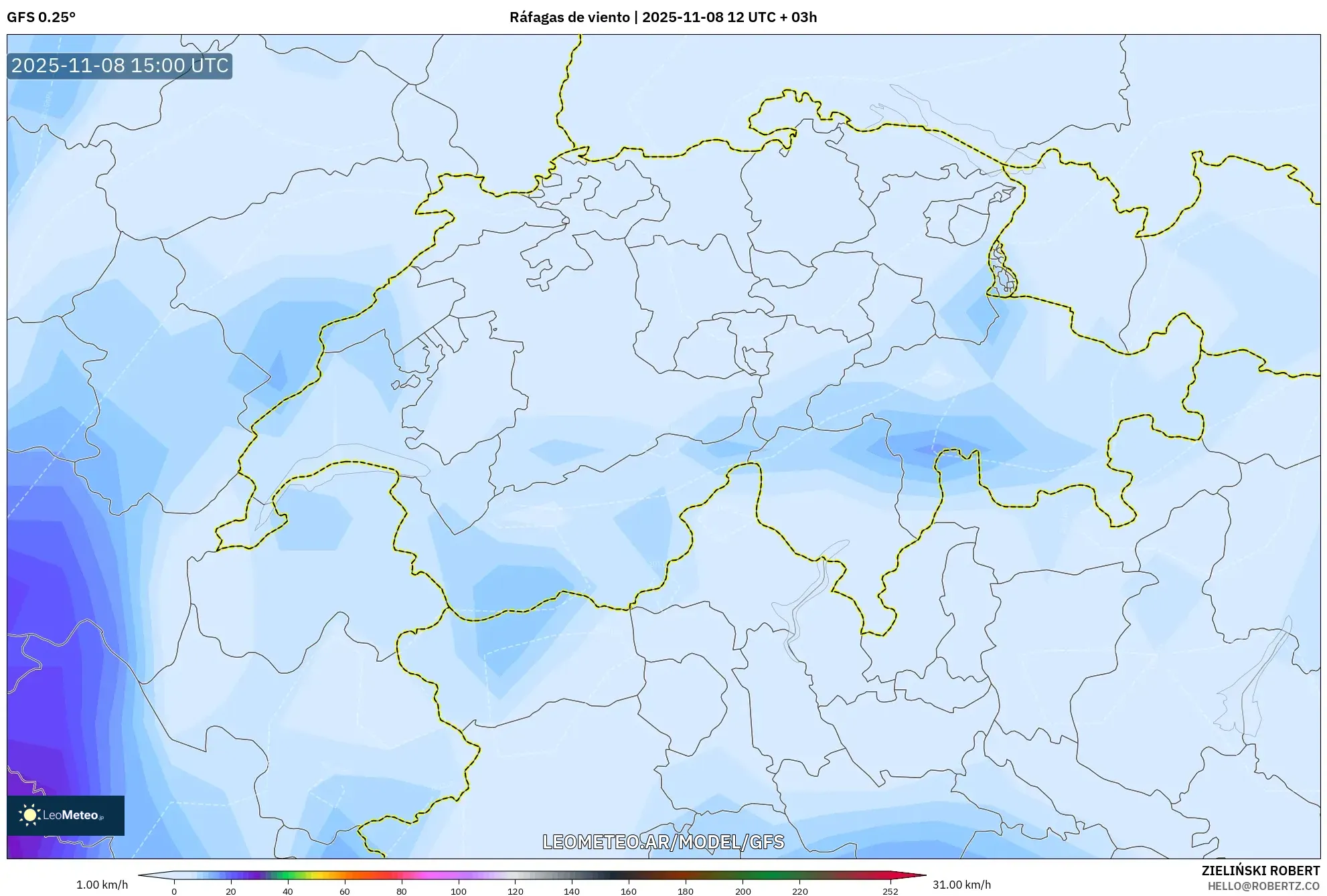 GFS model - Suiza, Ráfagas de viento
