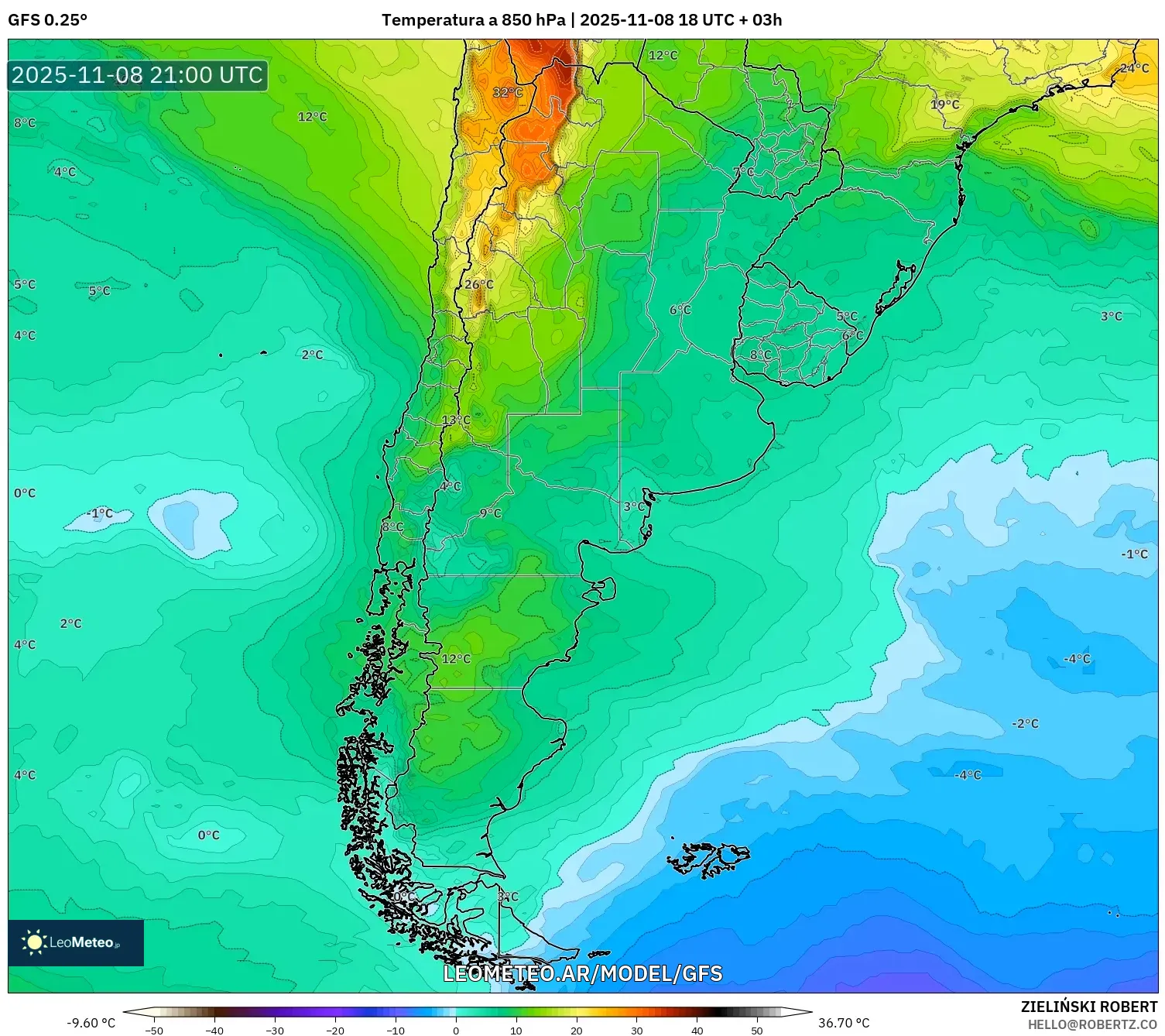 GFS model - Argentina, Temperatura a 850 hPa