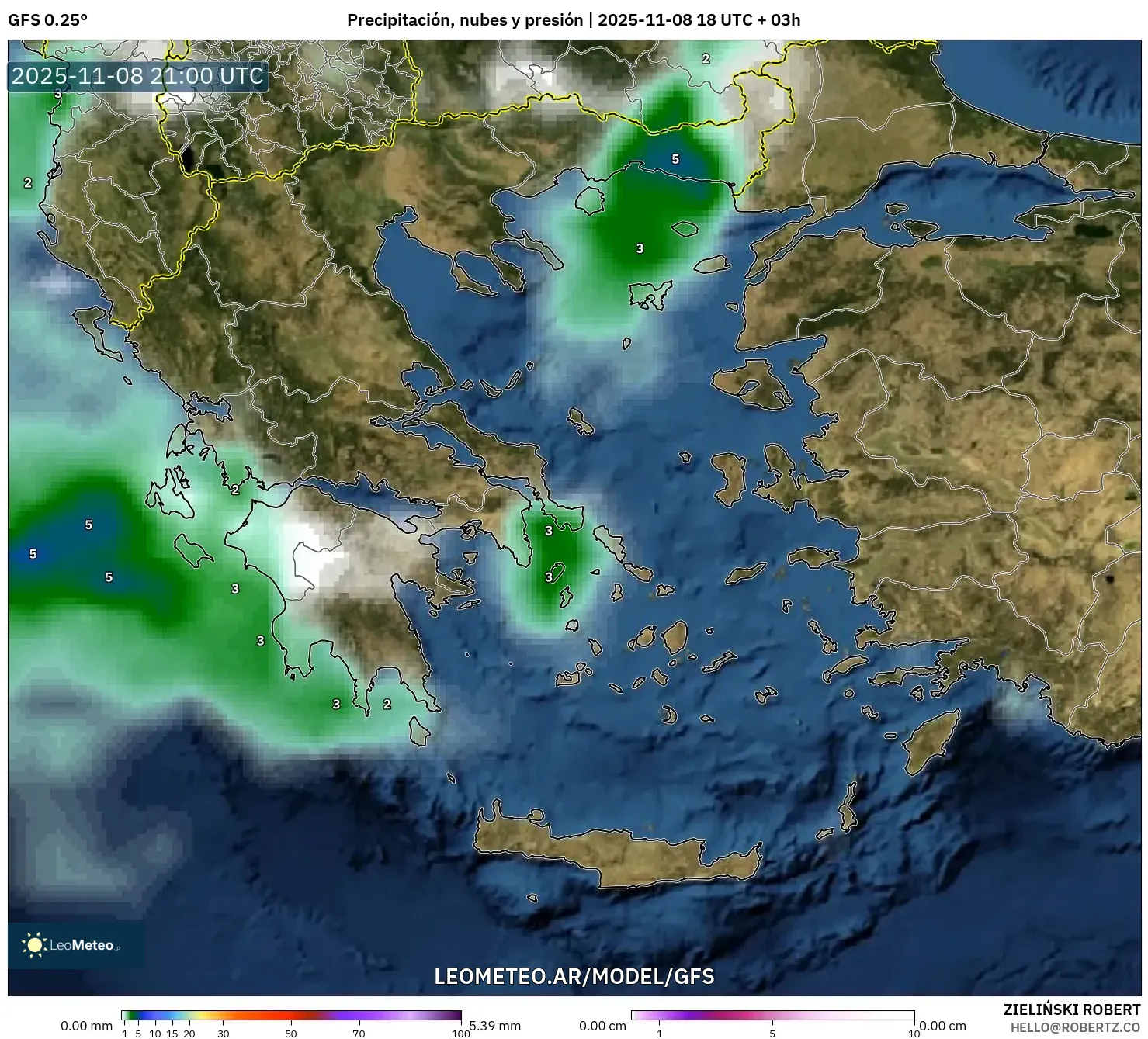 GFS model - Grecia, Precipitación, nubes y presión