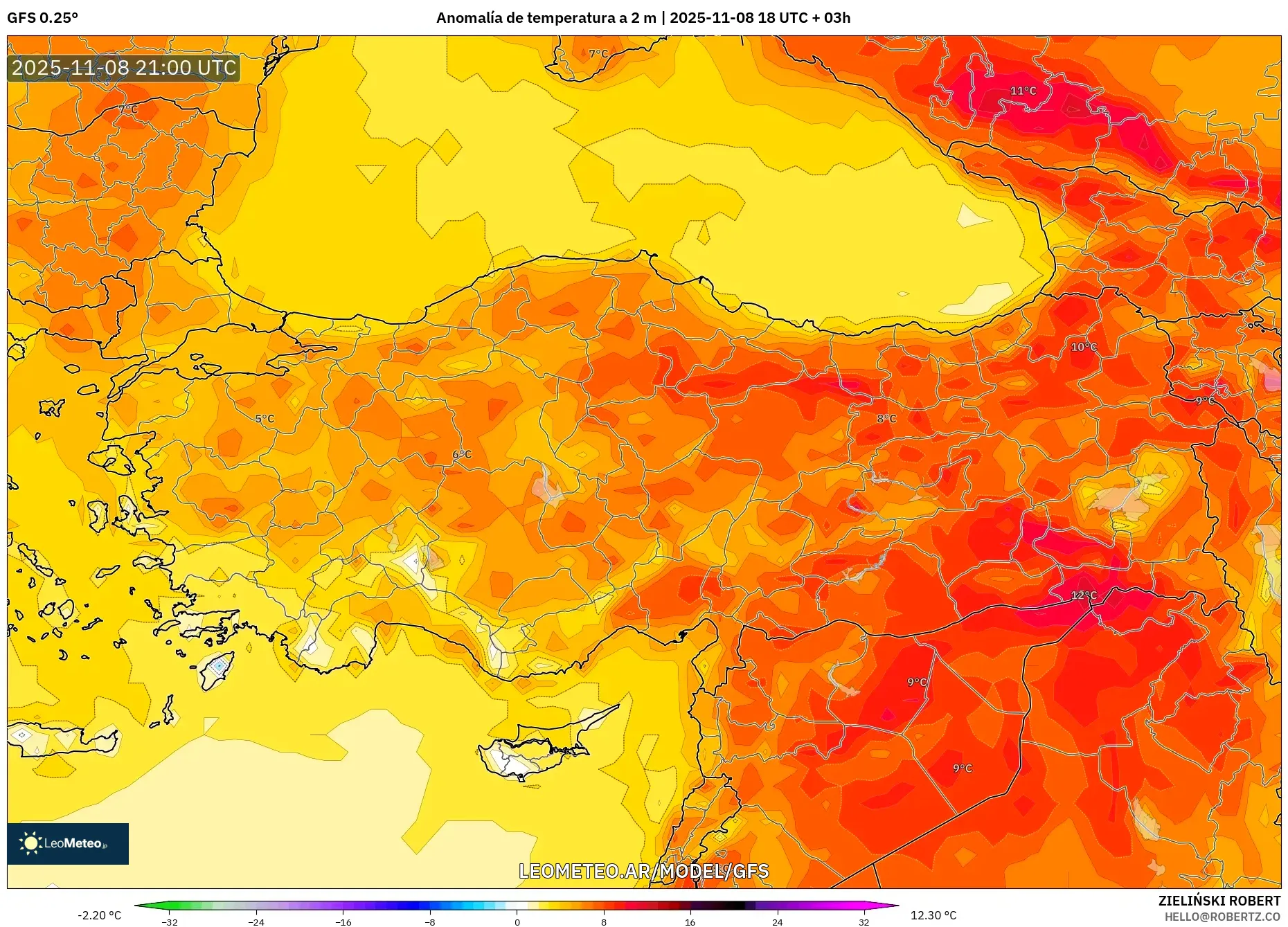 GFS model - Turquía, Anomalía de temperatura a 2 m