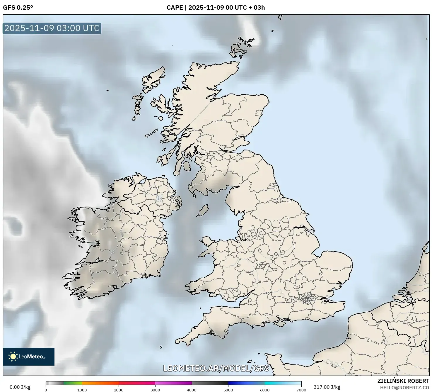 GFS model - Reino Unido, CAPE