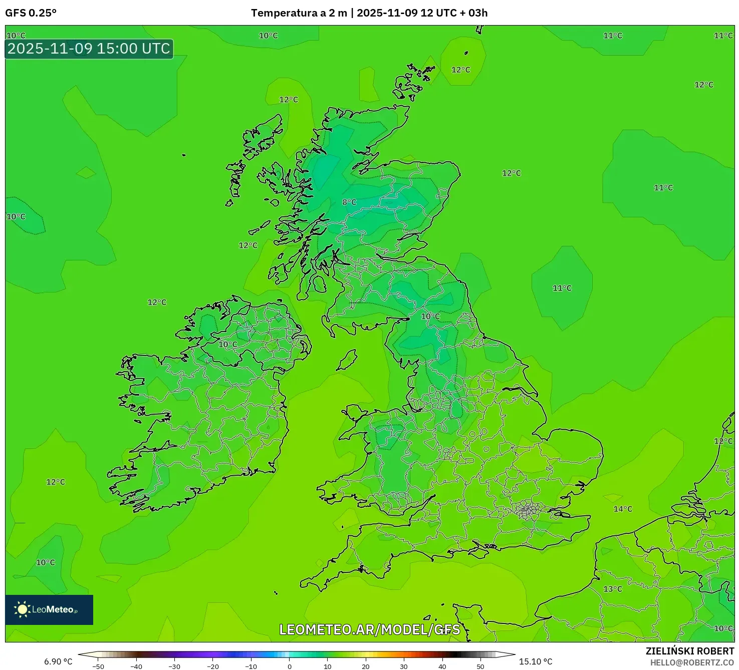 GFS model - Reino Unido, Temperatura a 2 m