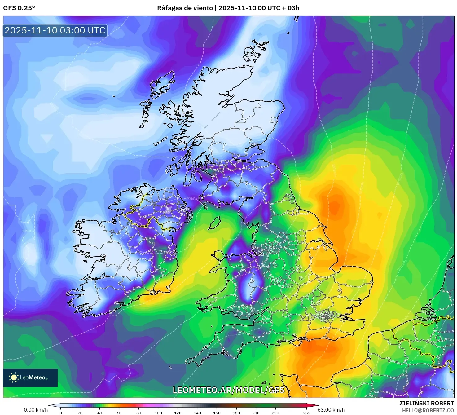 GFS model - Reino Unido, Ráfagas de viento