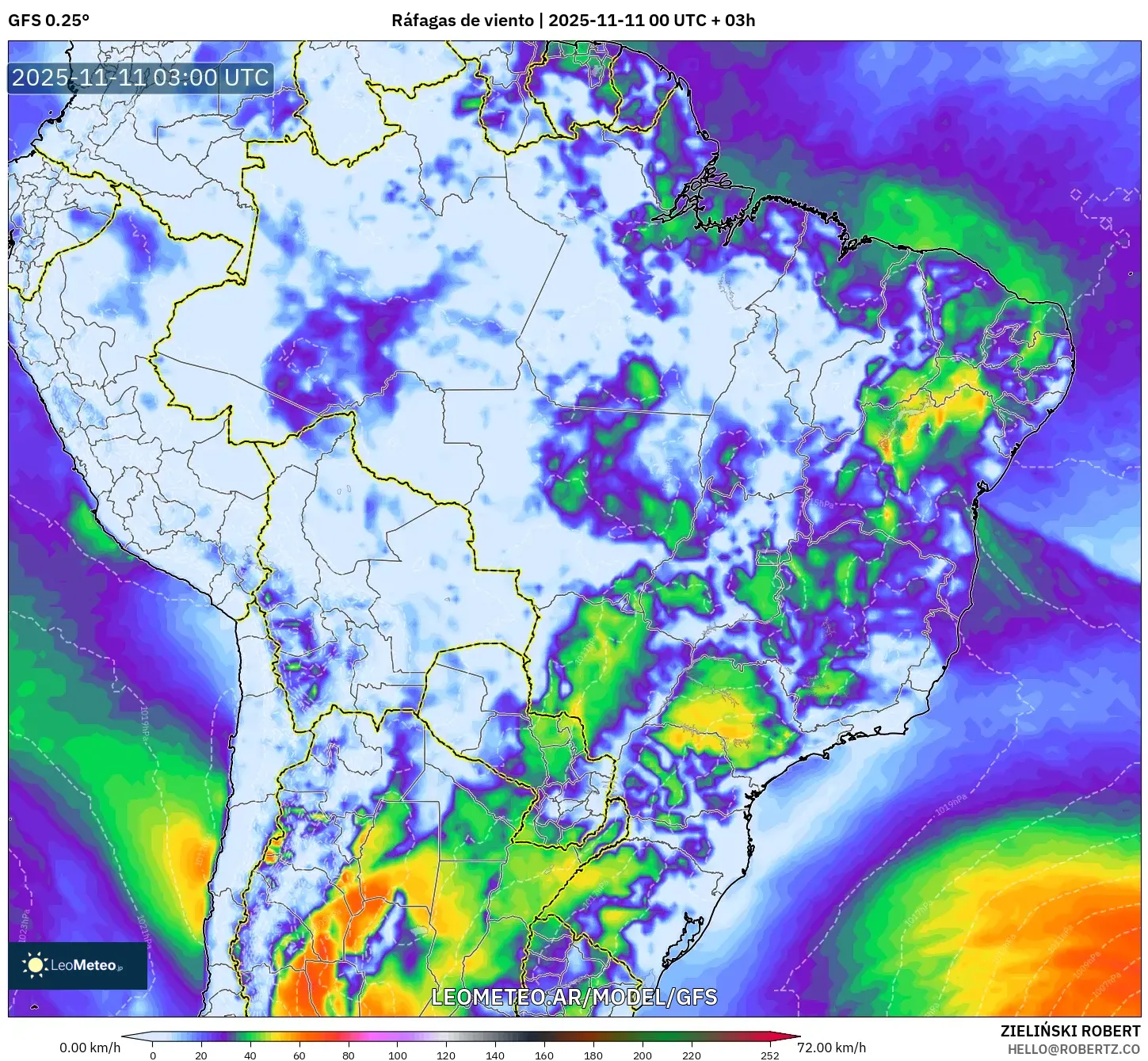 GFS model - Brasil, Ráfagas de viento