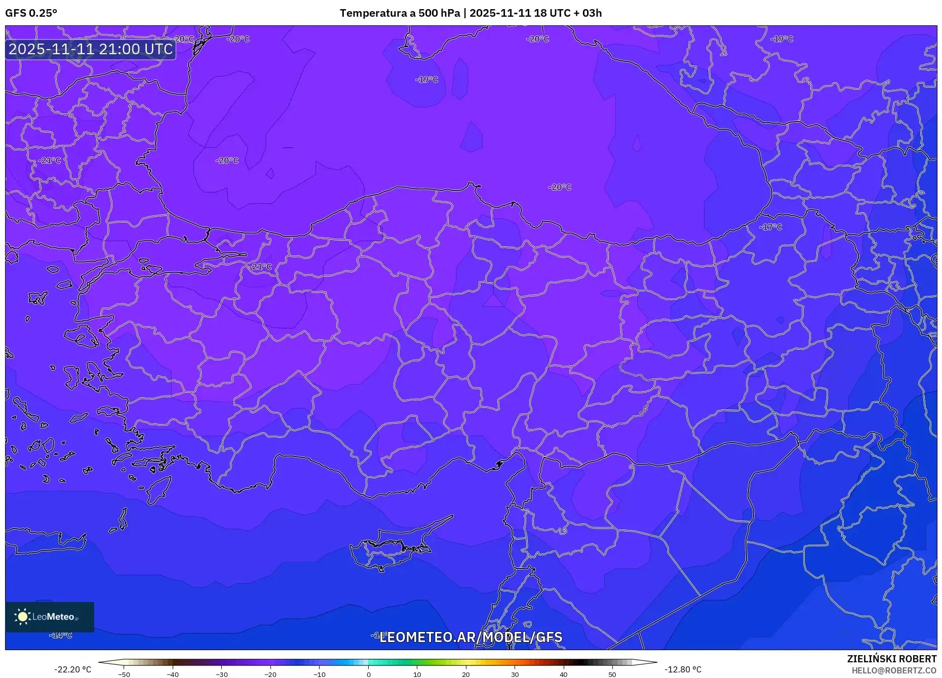 GFS model - Turquía, Temperatura a 500 hPa