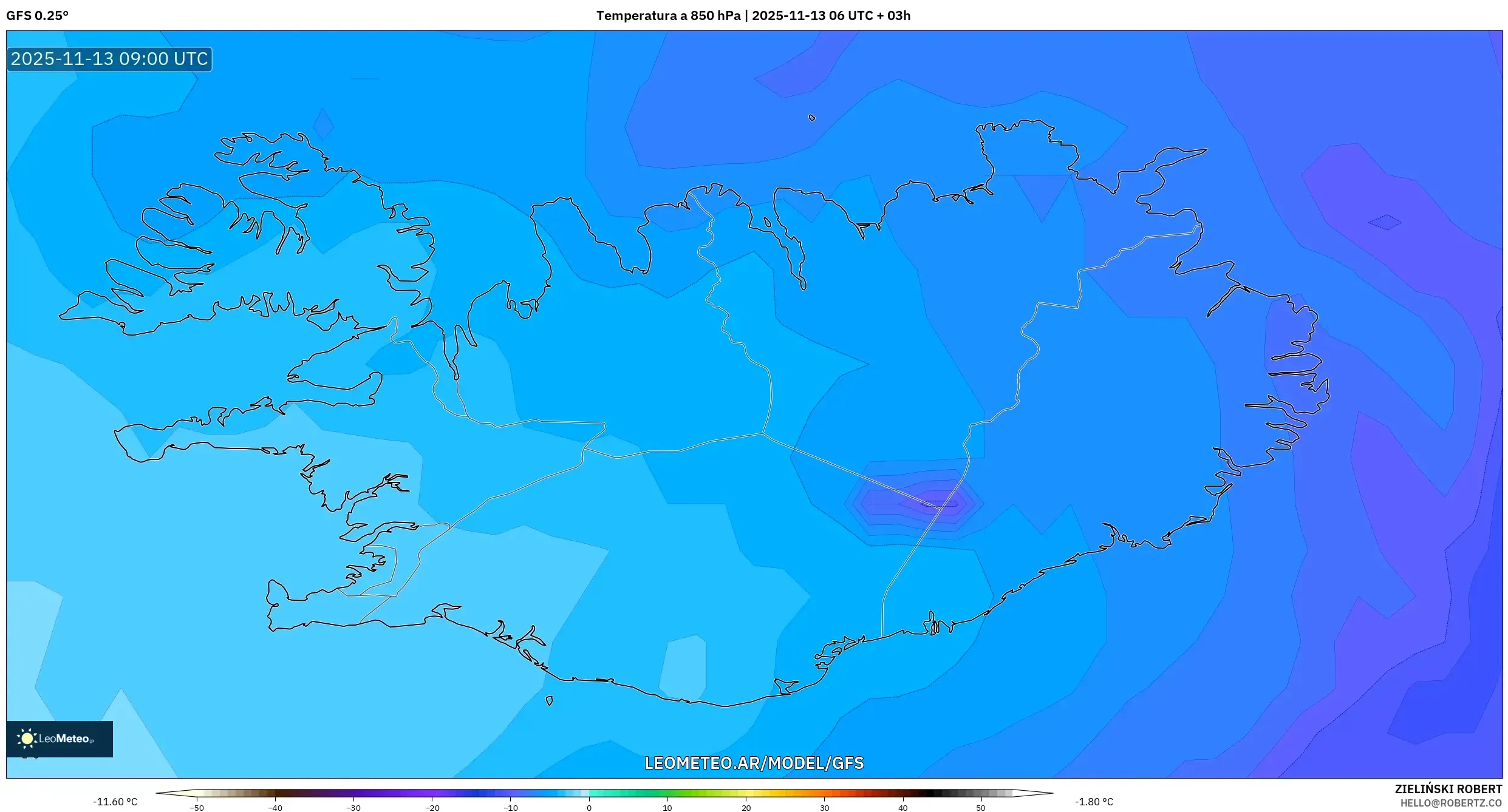 GFS model - Islandia, Temperatura a 850 hPa