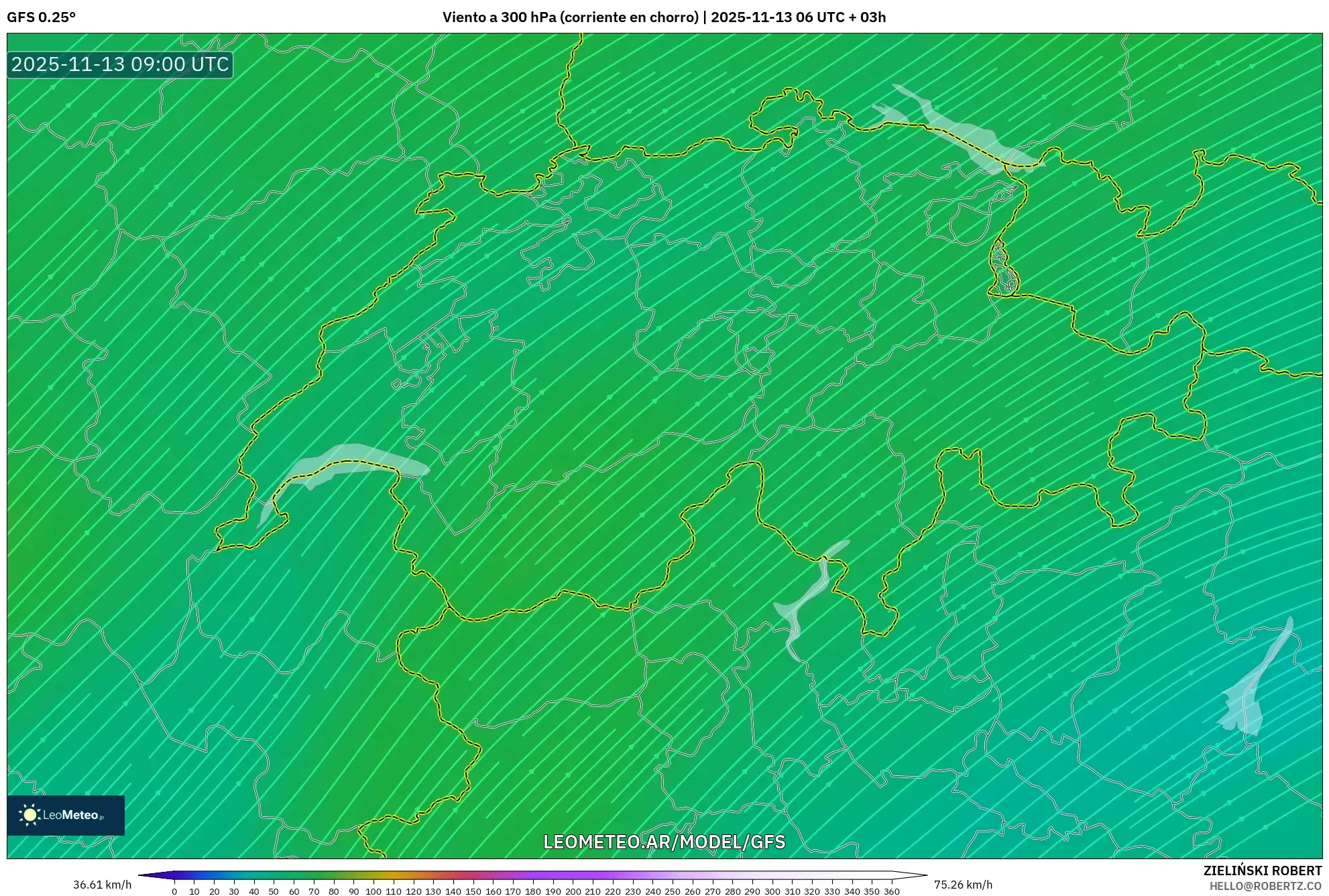 GFS model - Suiza, Viento a 300 hPa (corriente en chorro)