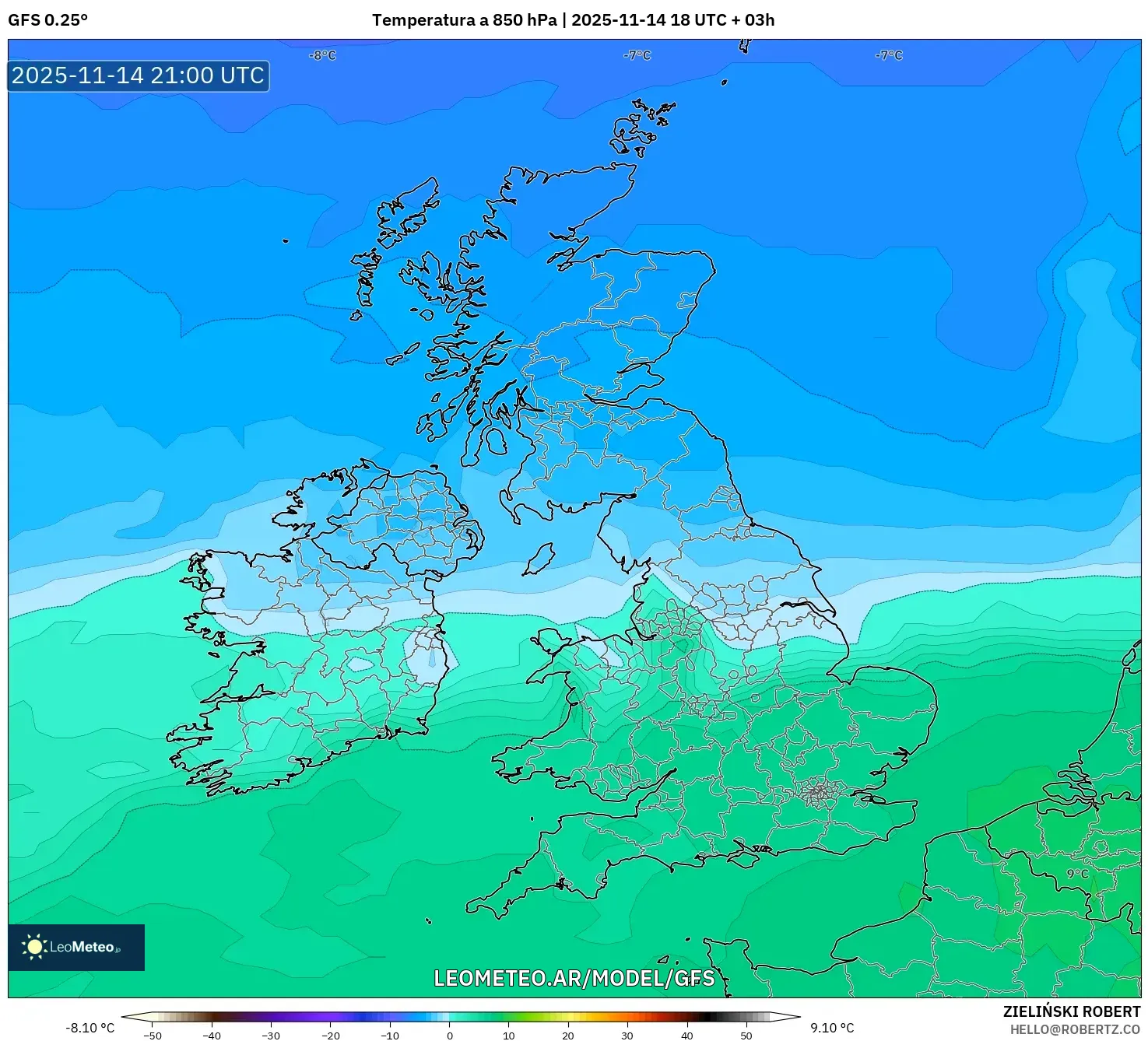 GFS model - Reino Unido, Temperatura a 850 hPa