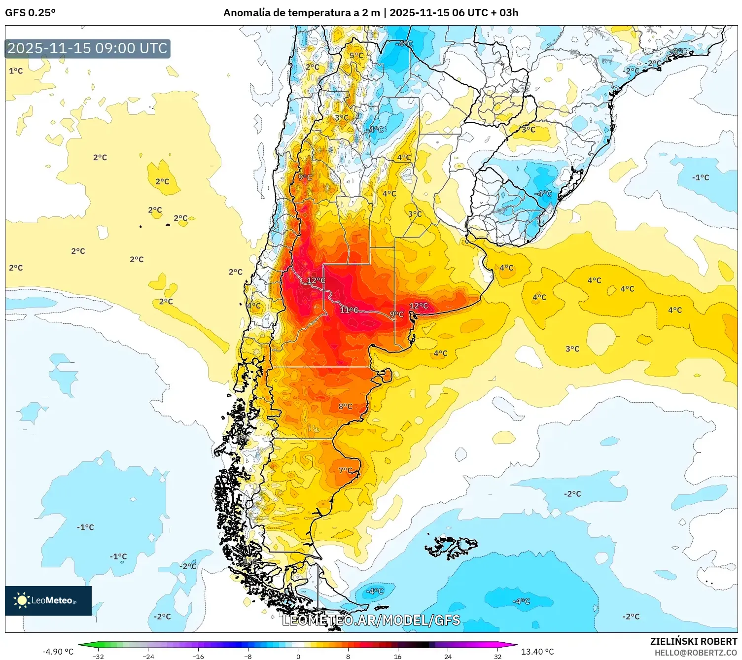 GFS model - Argentina, Anomalía de temperatura a 2 m