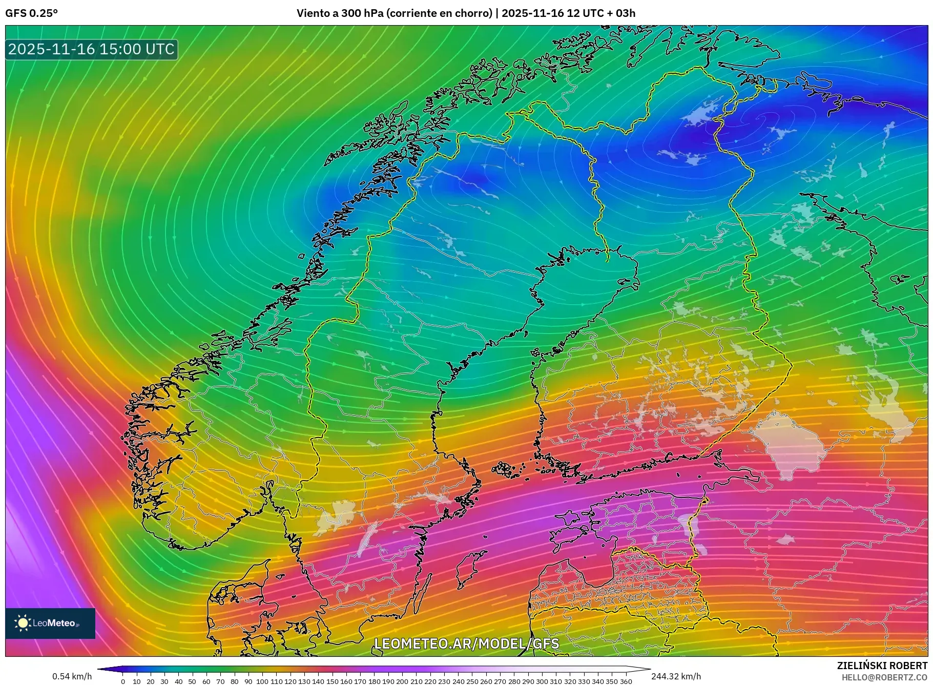 GFS model - Escandinavia, Viento a 300 hPa (corriente en chorro)