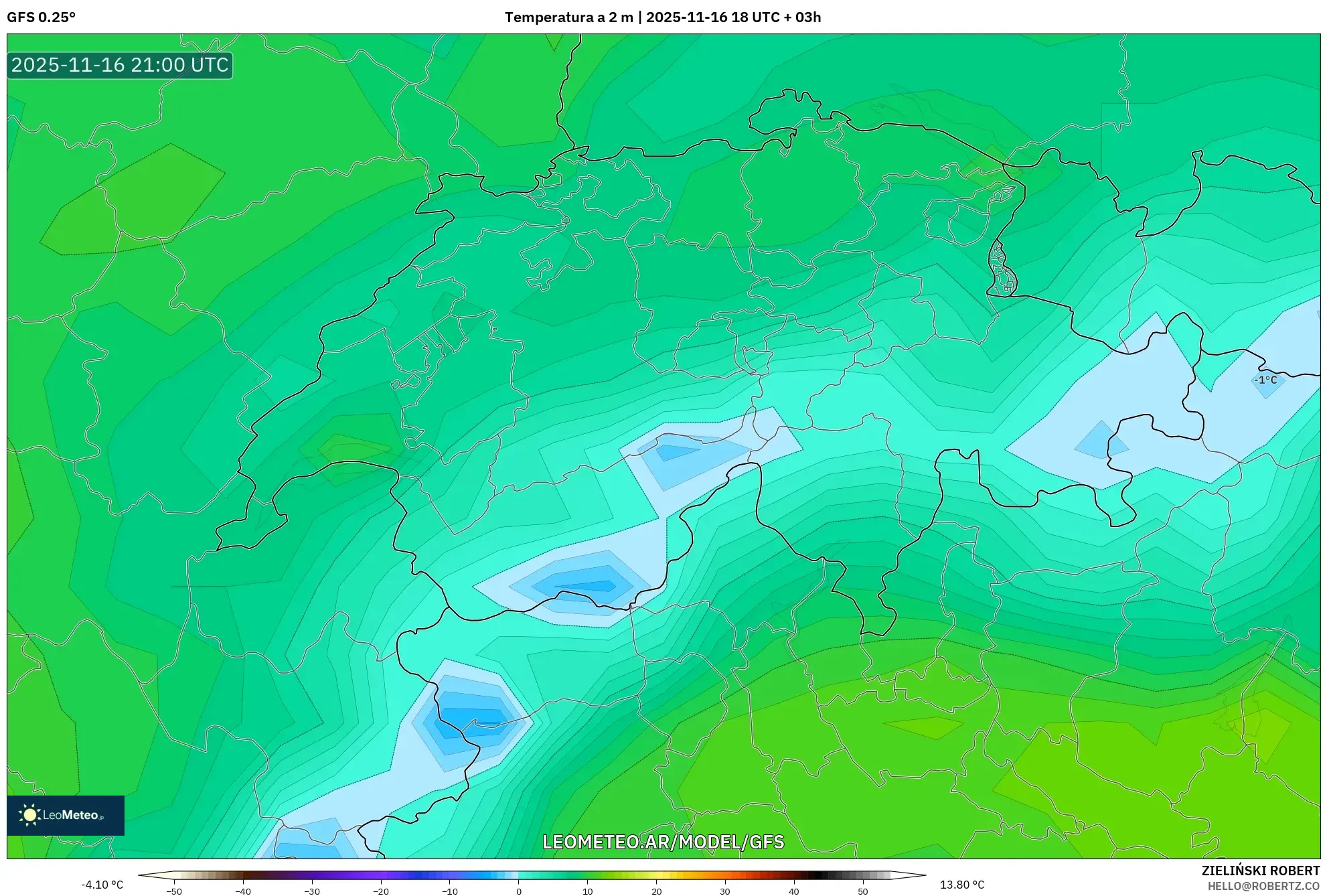 GFS model - Suiza, Temperatura a 2 m
