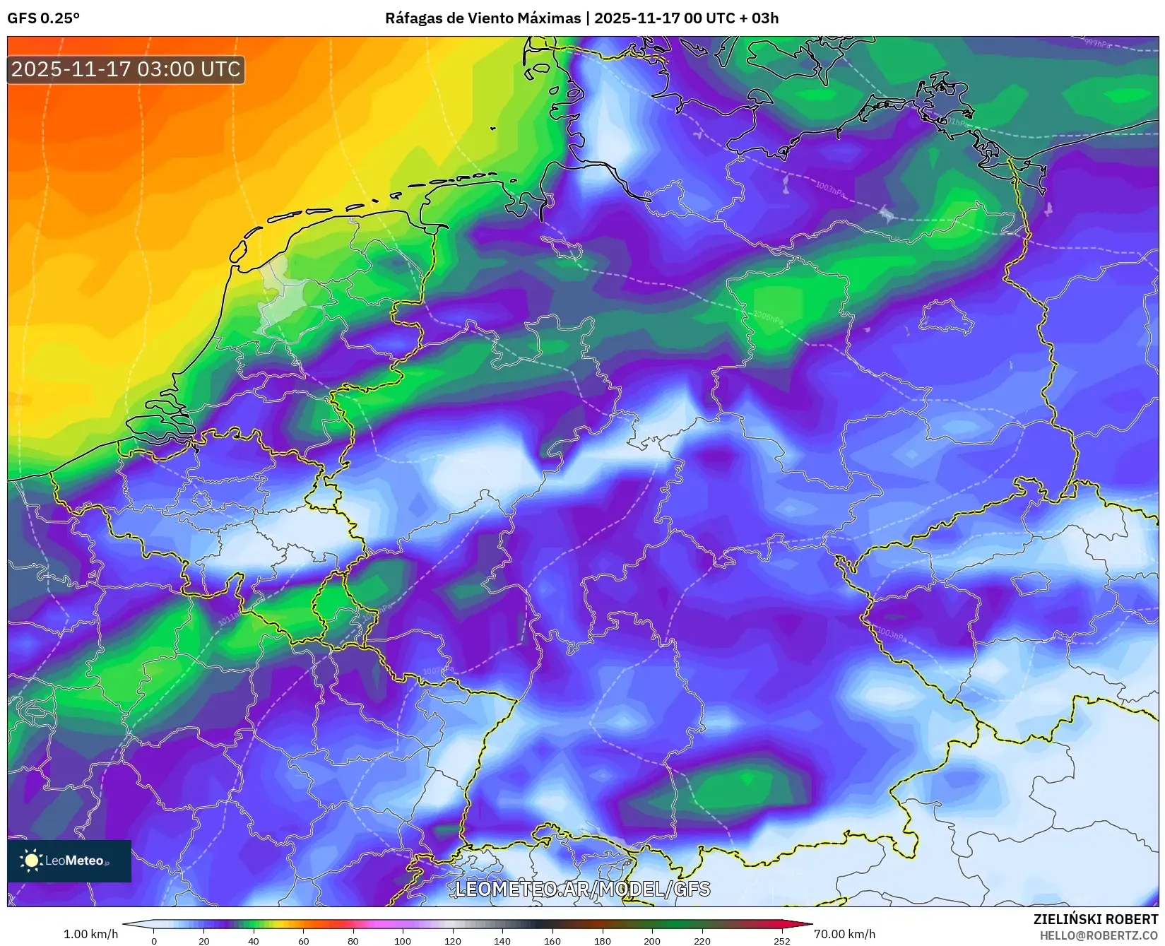 GFS model - Alemania, Ráfagas de Viento Máximas