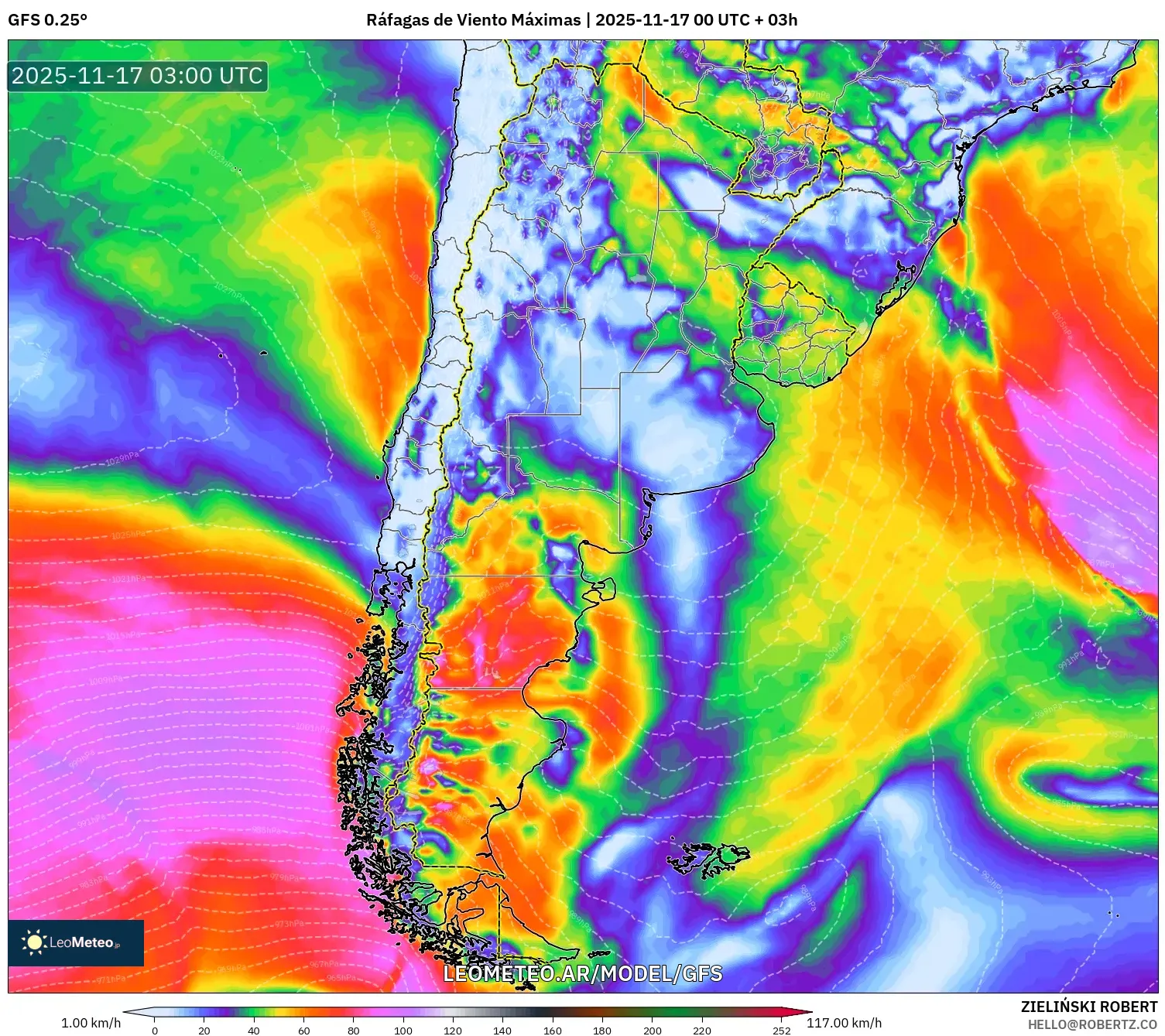 GFS model - Argentina, Ráfagas de Viento Máximas