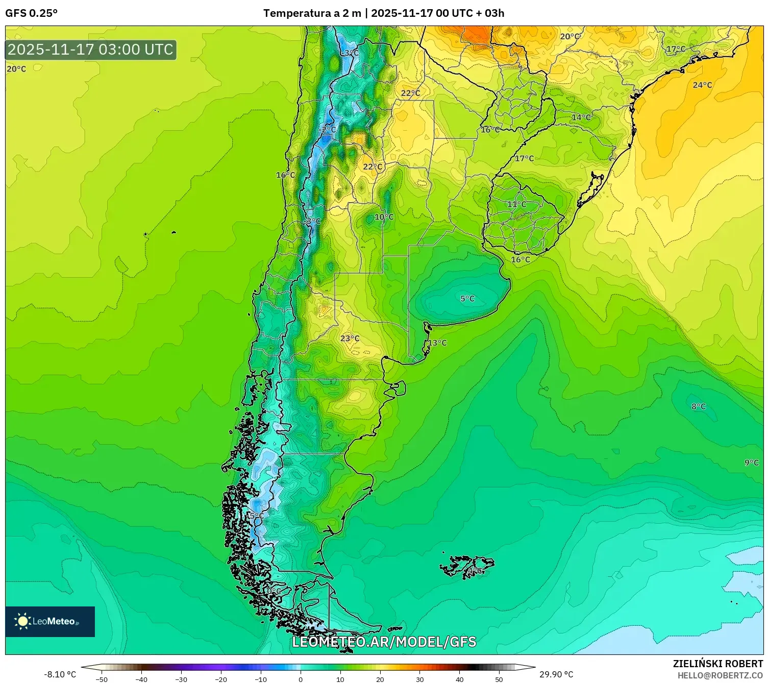 GFS model - Argentina, Temperatura a 2 m