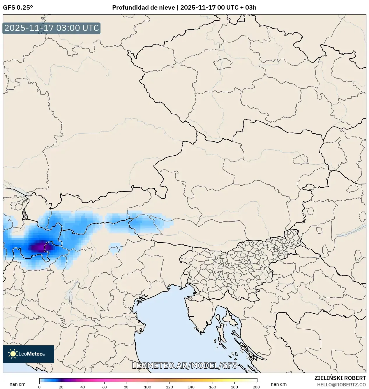 GFS model - Austria, Profundidad de nieve