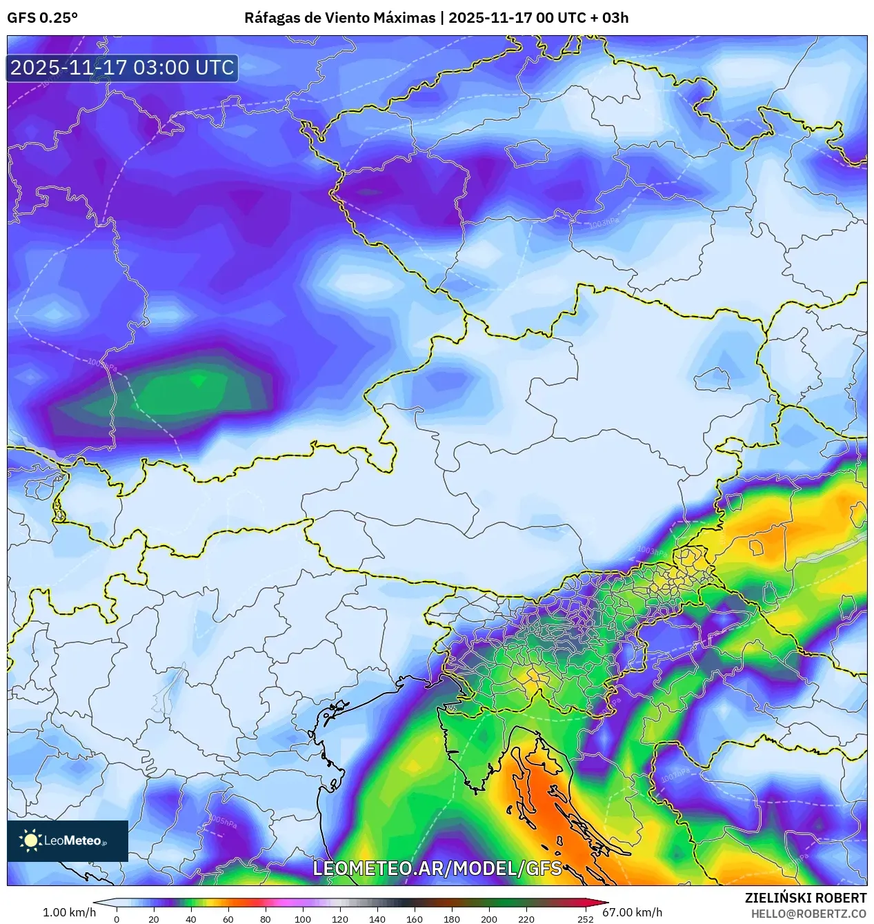GFS model - Austria, Ráfagas de Viento Máximas