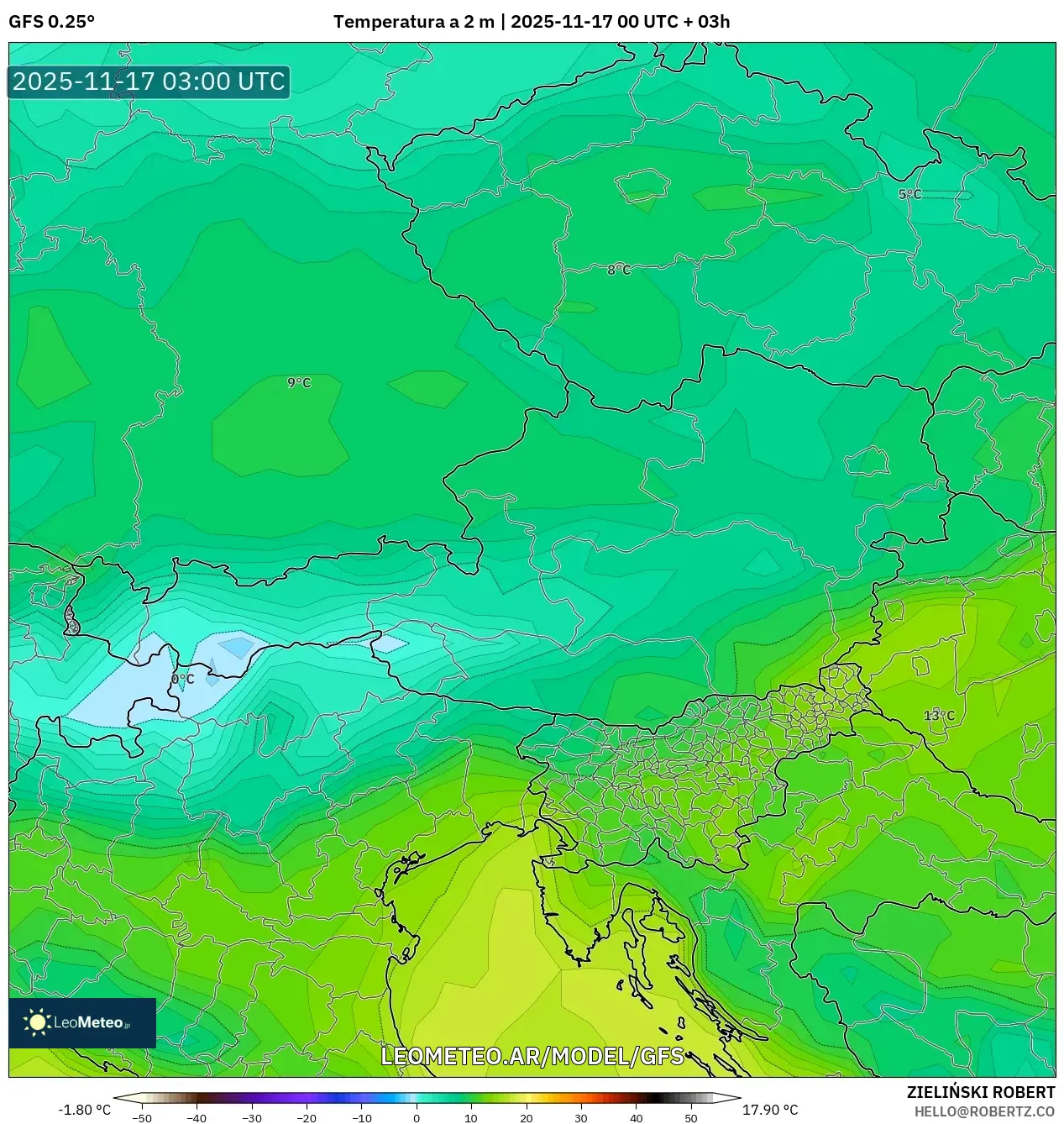 GFS model - Austria, Temperatura a 2 m