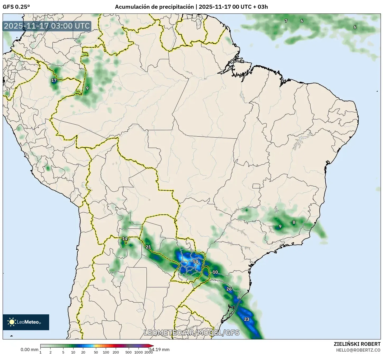 GFS model - Brasil, Acumulación de precipitación