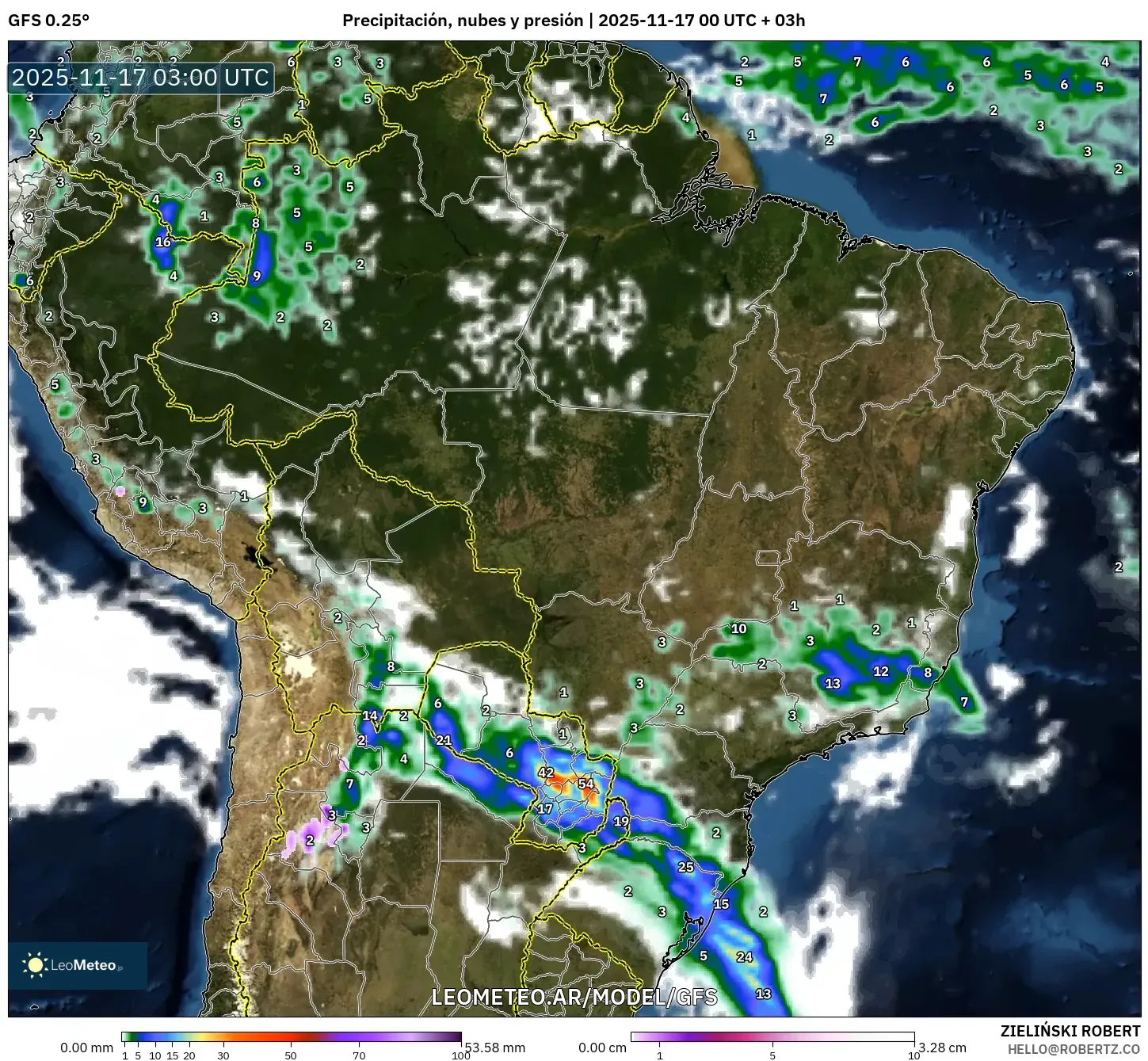 GFS model - Brasil, Precipitación, nubes y presión