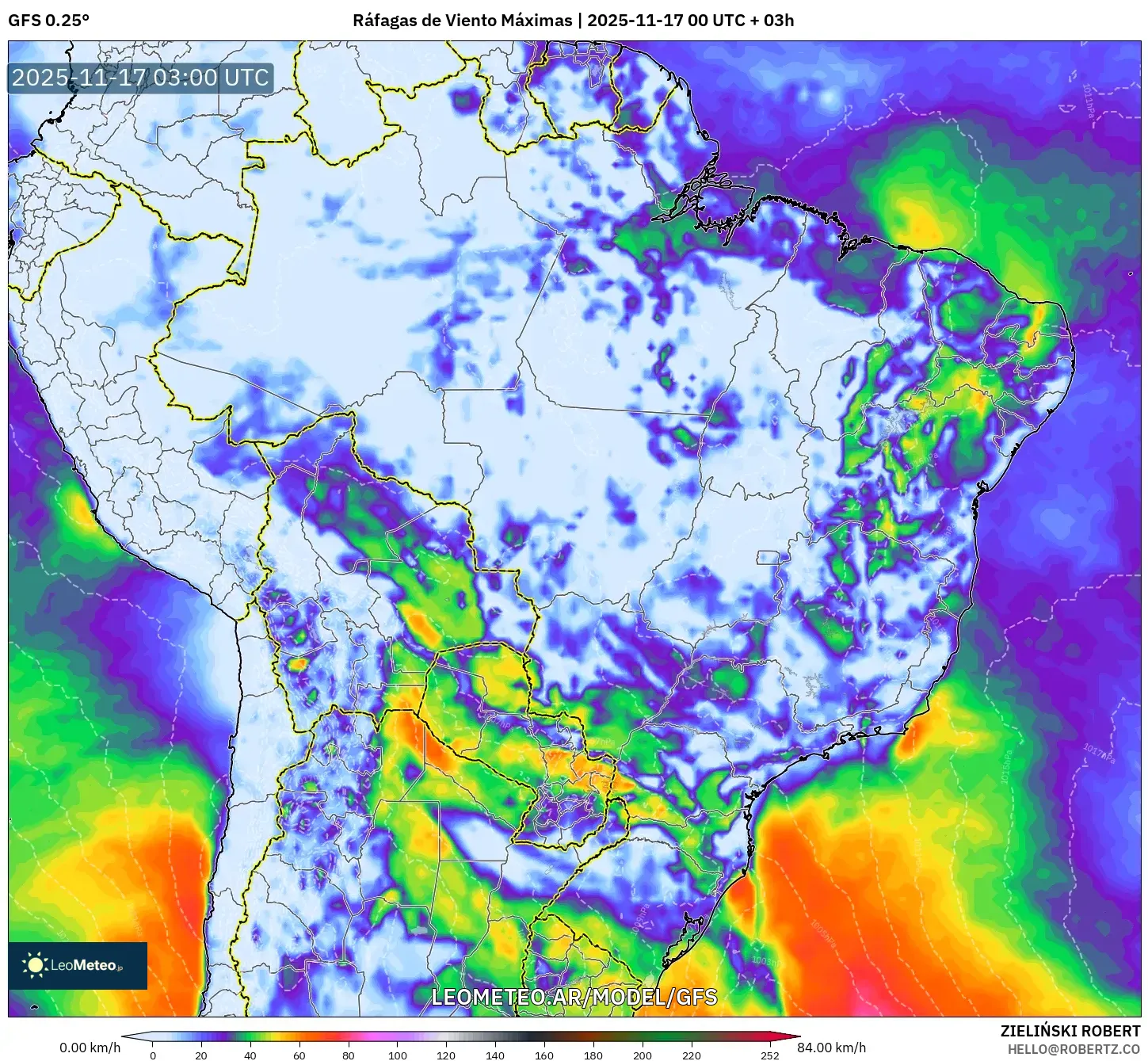 GFS model - Brasil, Ráfagas de Viento Máximas