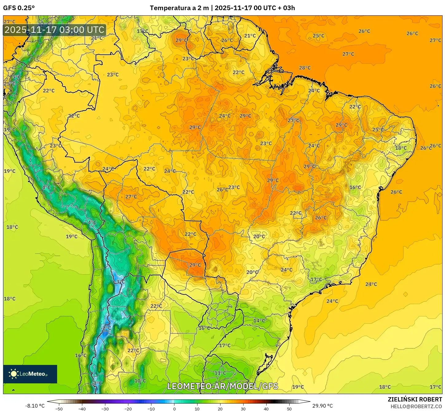GFS model - Brasil, Temperatura a 2 m