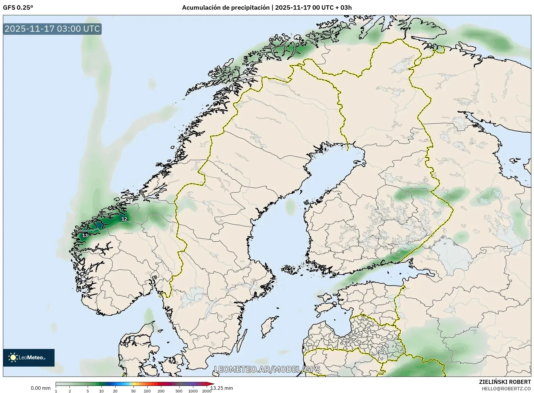 GFS model - Escandinavia, Acumulación de precipitación